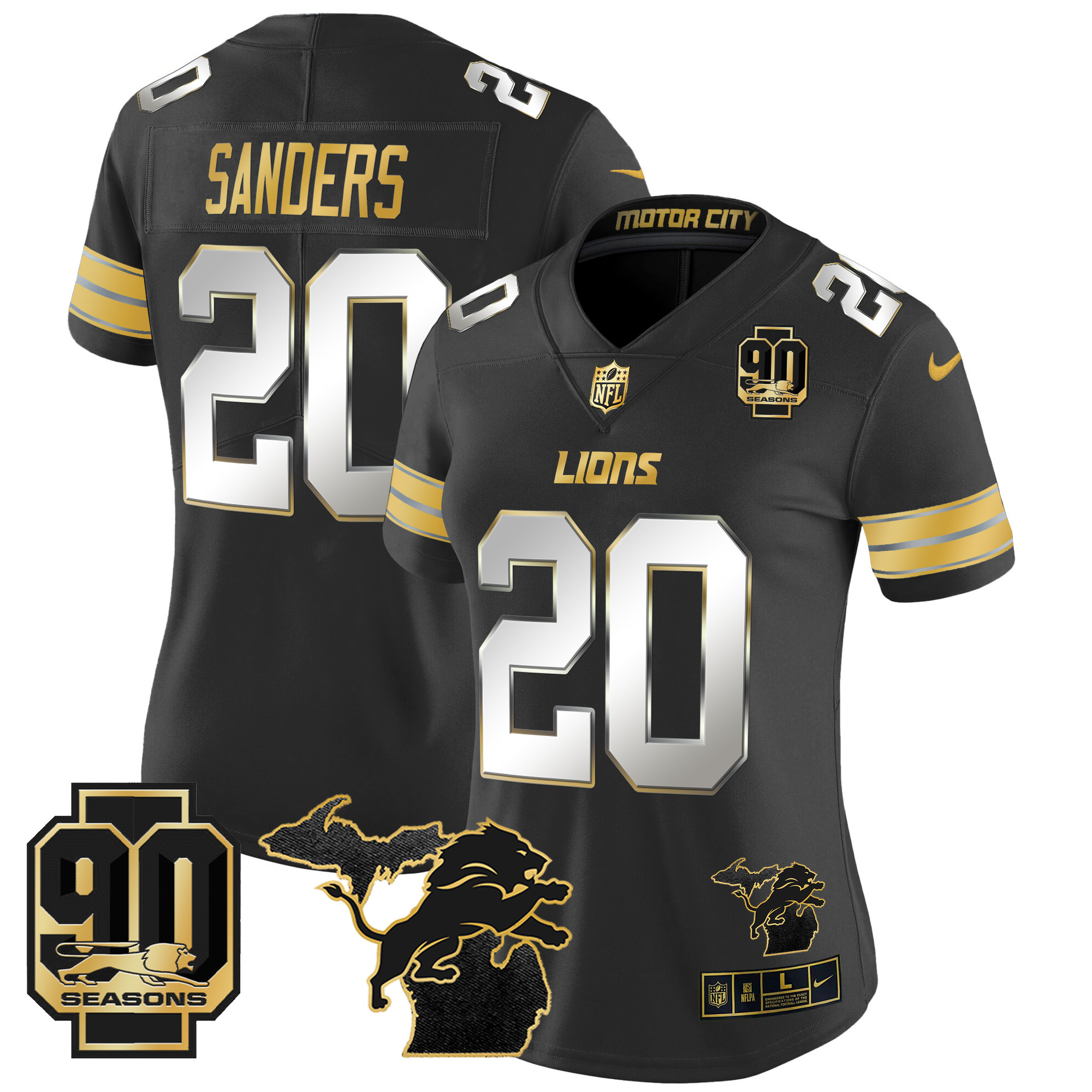 Women's Barry Sanders Detroit Lions 2024 Michigan & 90th Year Patch Gold Vapor Limited Black Limited Jersey - All Stitched