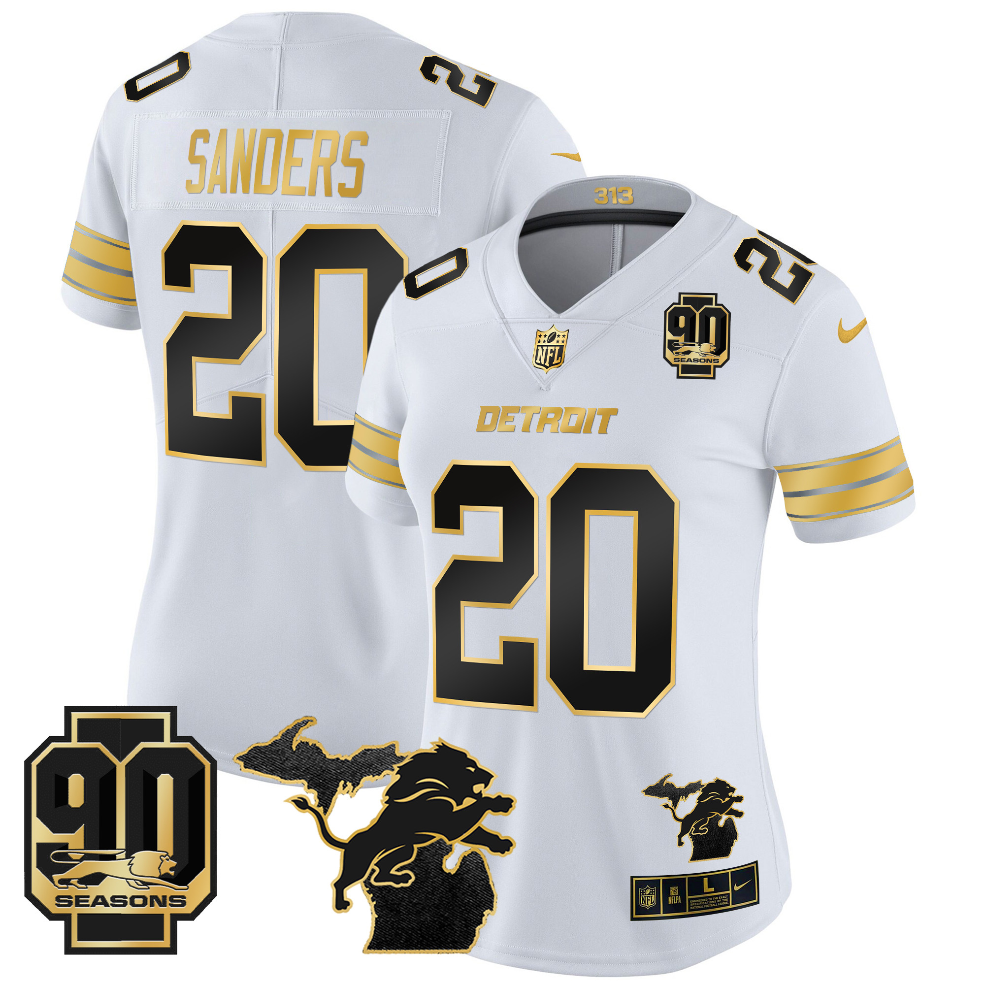 Women's Barry Sanders Detroit Lions 2024 Michigan & 90th Year Patch Gold Vapor Limited White Gold Jersey - All Stitched