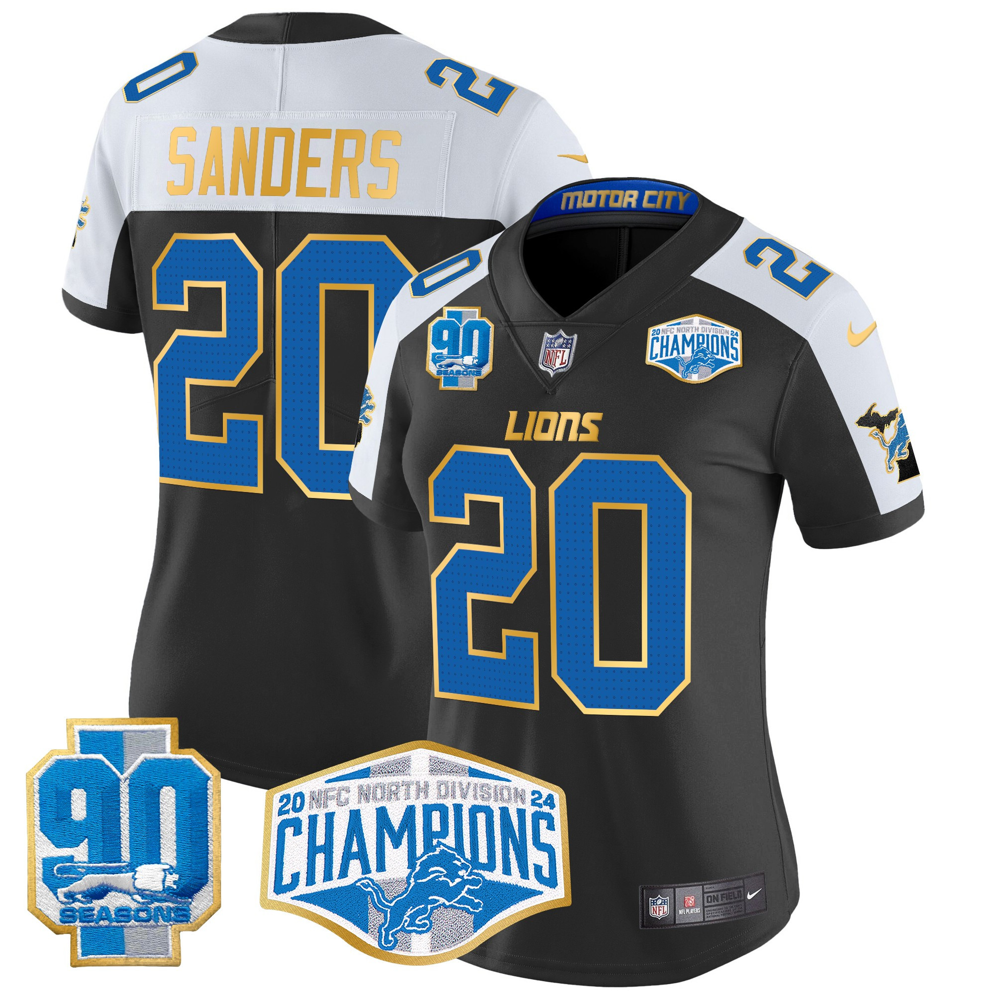 Women's Barry Sanders Detroit Lions 2024 NFC North Division Champions Patch Gold Trim Vapor Limited Black Alternate Jersey - All Stitched