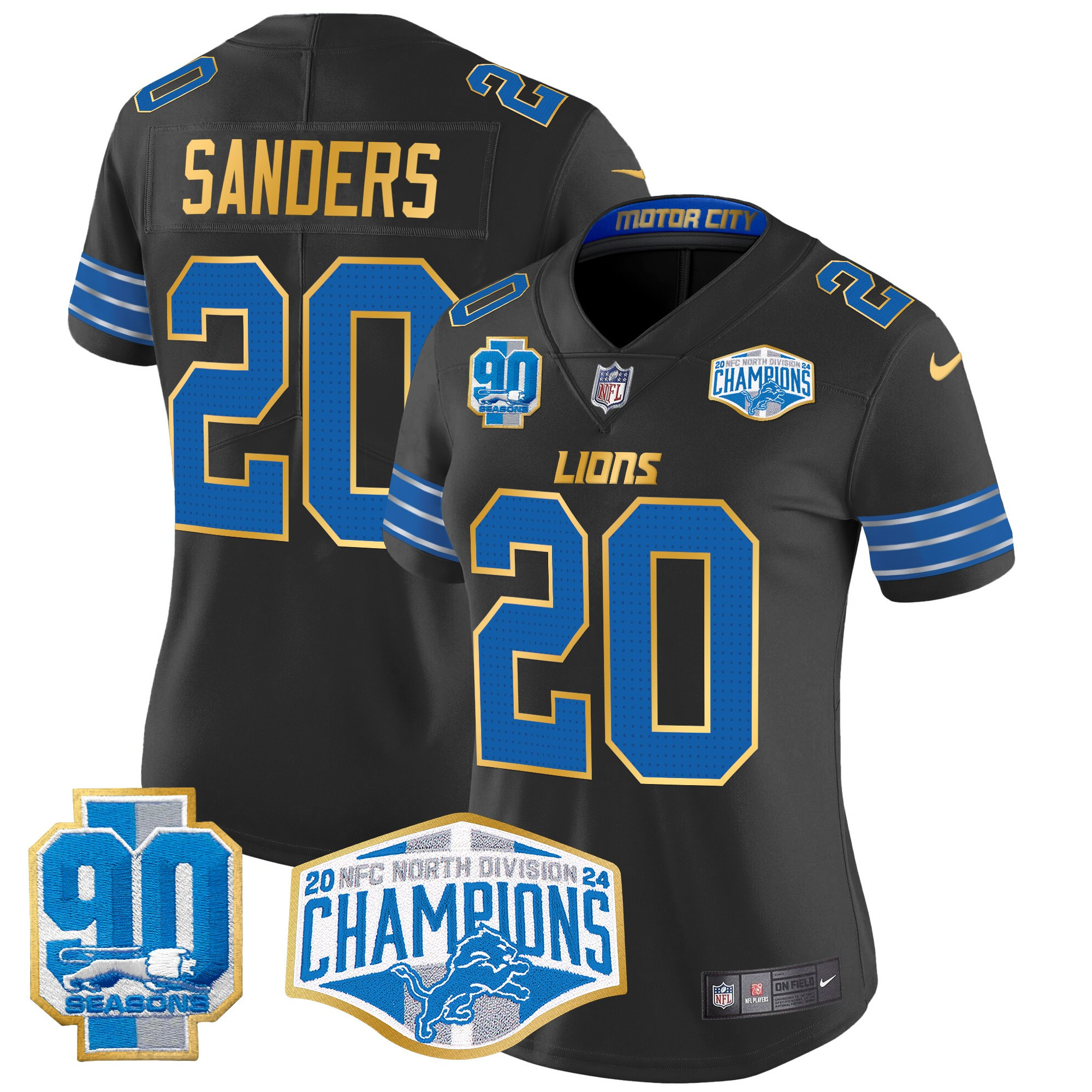Women's Barry Sanders Detroit Lions 2024 NFC North Division Champions Patch Gold Trim Vapor Limited Black Jersey - All Stitched