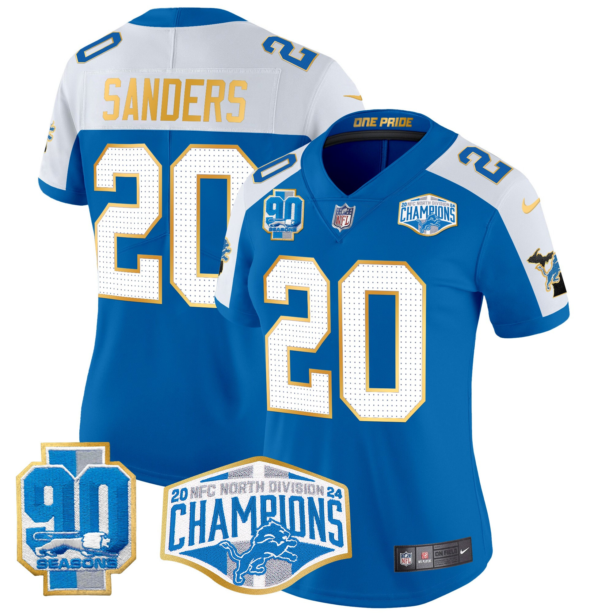 Women's Barry Sanders Detroit Lions 2024 NFC North Division Champions Patch Gold Trim Vapor Limited Blue Alternate Jersey - All Stitched