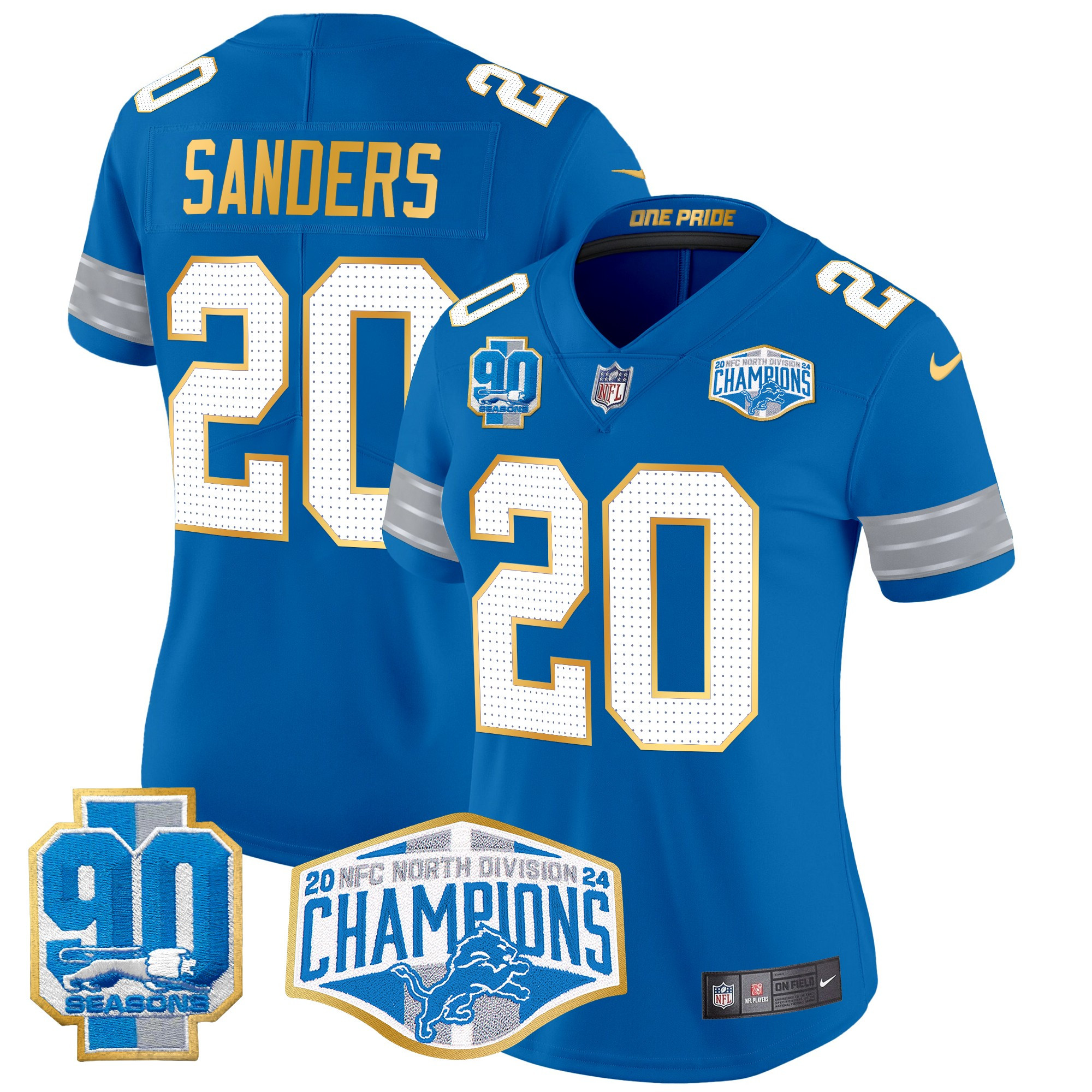 Women's Barry Sanders Detroit Lions 2024 NFC North Division Champions Patch Gold Trim Vapor Limited Blue Jersey - All Stitched