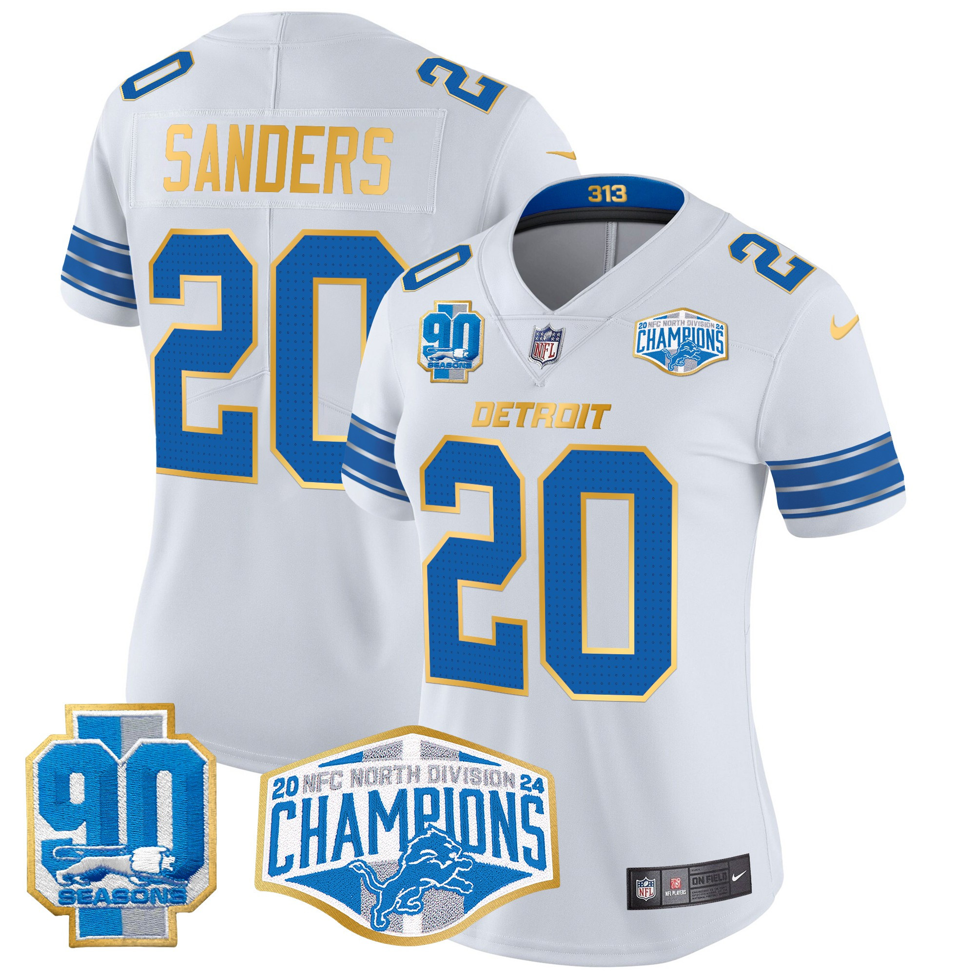 Women's Barry Sanders Detroit Lions 2024 NFC North Division Champions Patch Gold Trim Vapor Limited White Jersey - All Stitched