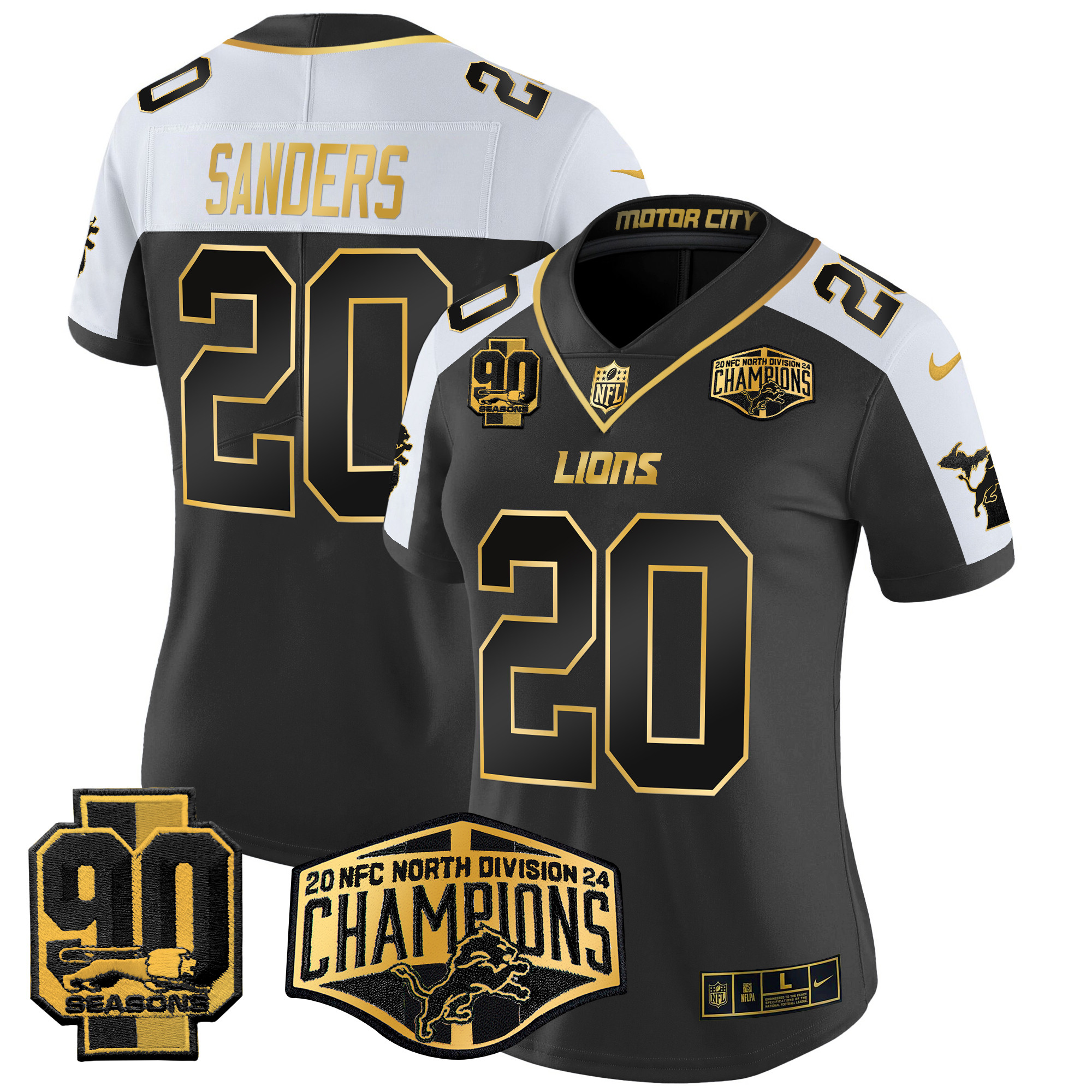 Women's Barry Sanders Detroit Lions 2024 NFC North Division Champions Patch Gold Vapor Limited Alternate Jersey - All Stitched