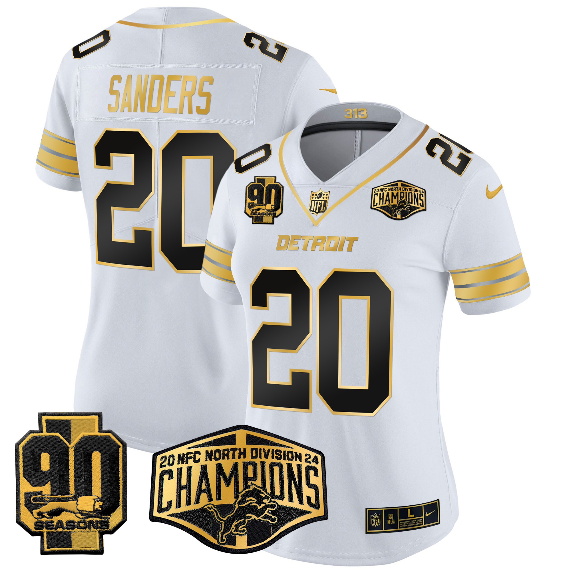 Women's Barry Sanders Detroit Lions 2024 NFC North Division Champions Patch Gold Vapor Limited White Gold Jersey - All Stitched