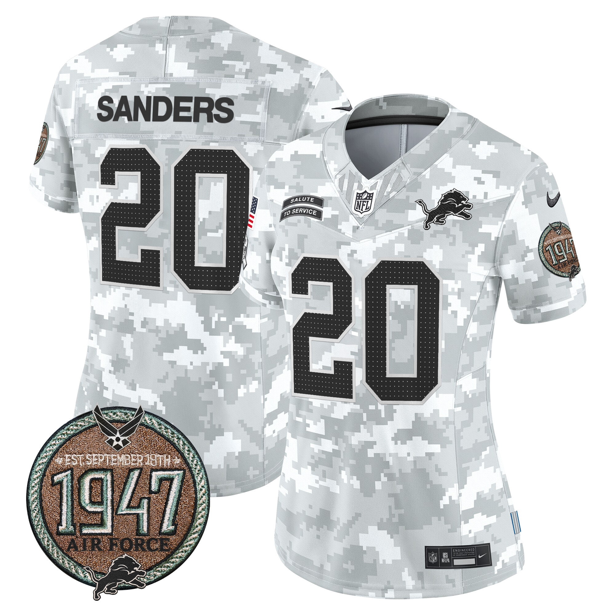 Women's Barry Sanders Detroit Lions 2024 Salute to Service Establishment Year Patch Vapor Limited Air Force Jersey - All Stitched