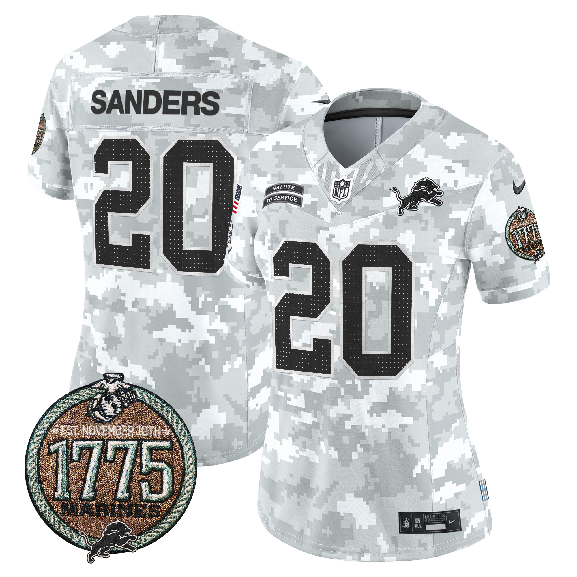 Women's Barry Sanders Detroit Lions 2024 Salute to Service Establishment Year Patch Vapor Limited Marines Jersey - All Stitched