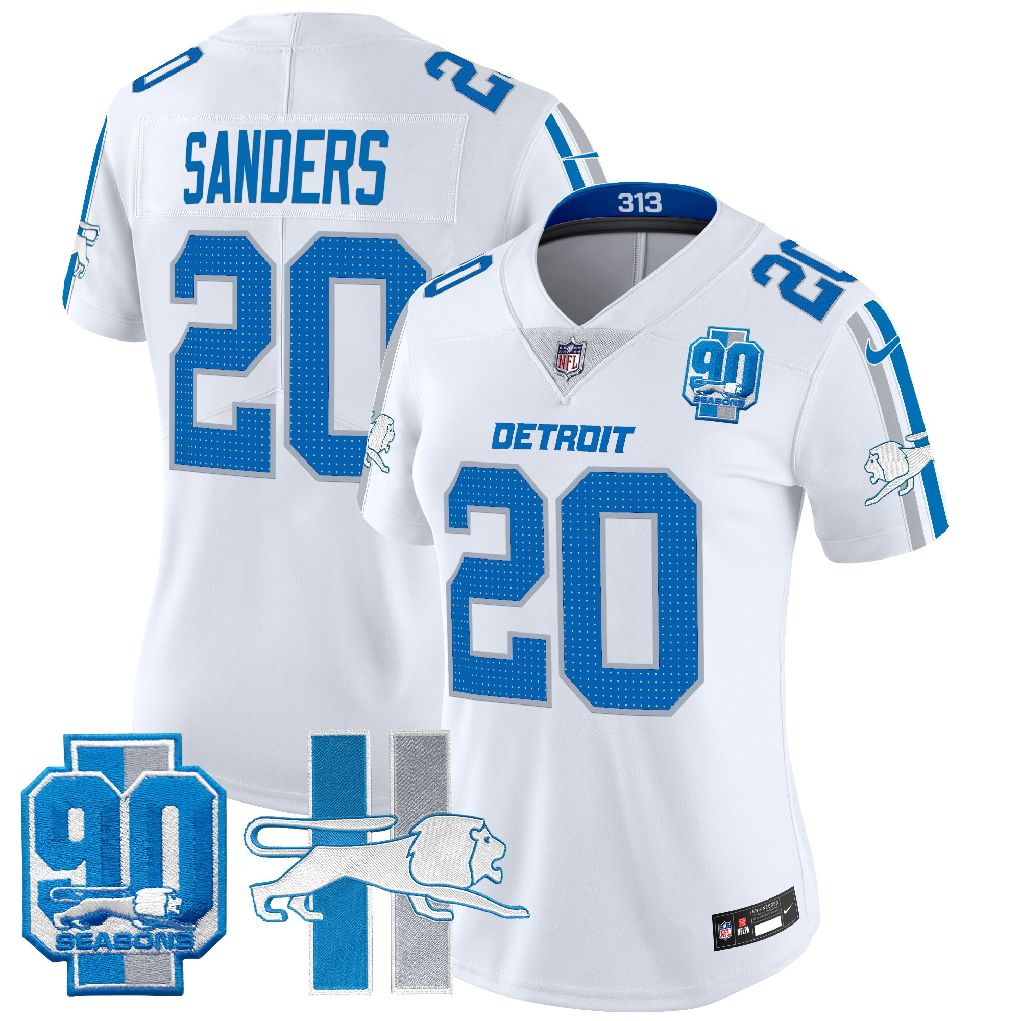 Women's Barry Sanders Detroit Lions Throwback 90th Year Patch Vapor Limited White Jersey - All Stitched