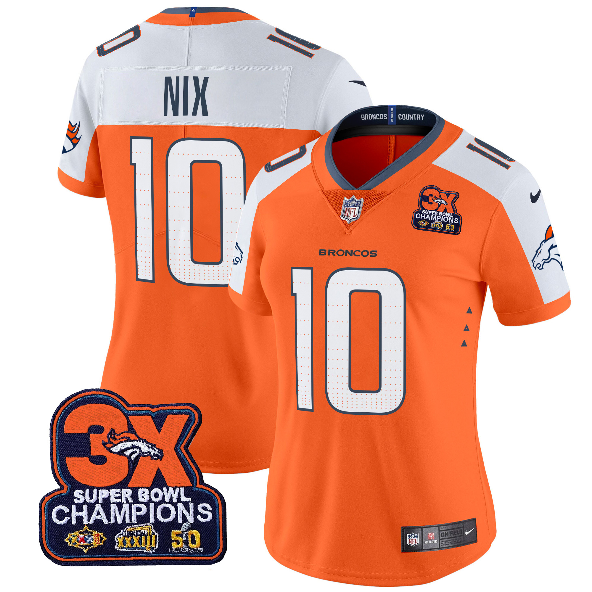 Women's Bo Nix Denver Broncos 3-Time Champions Patch Vapor Limited Orange Alternate Jersey - All Stitched