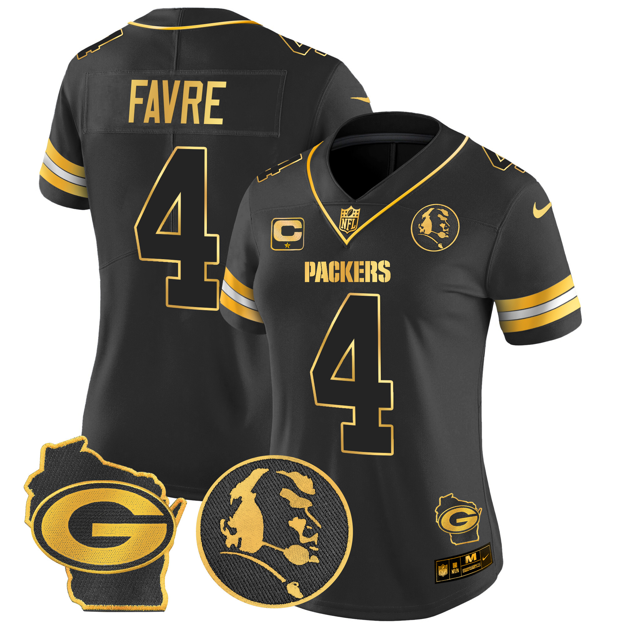 Women's Brett Favre Green Bay Packers John Madden & Home Patch Gold Vapor Limited Black Gold Jersey - All Stitched
