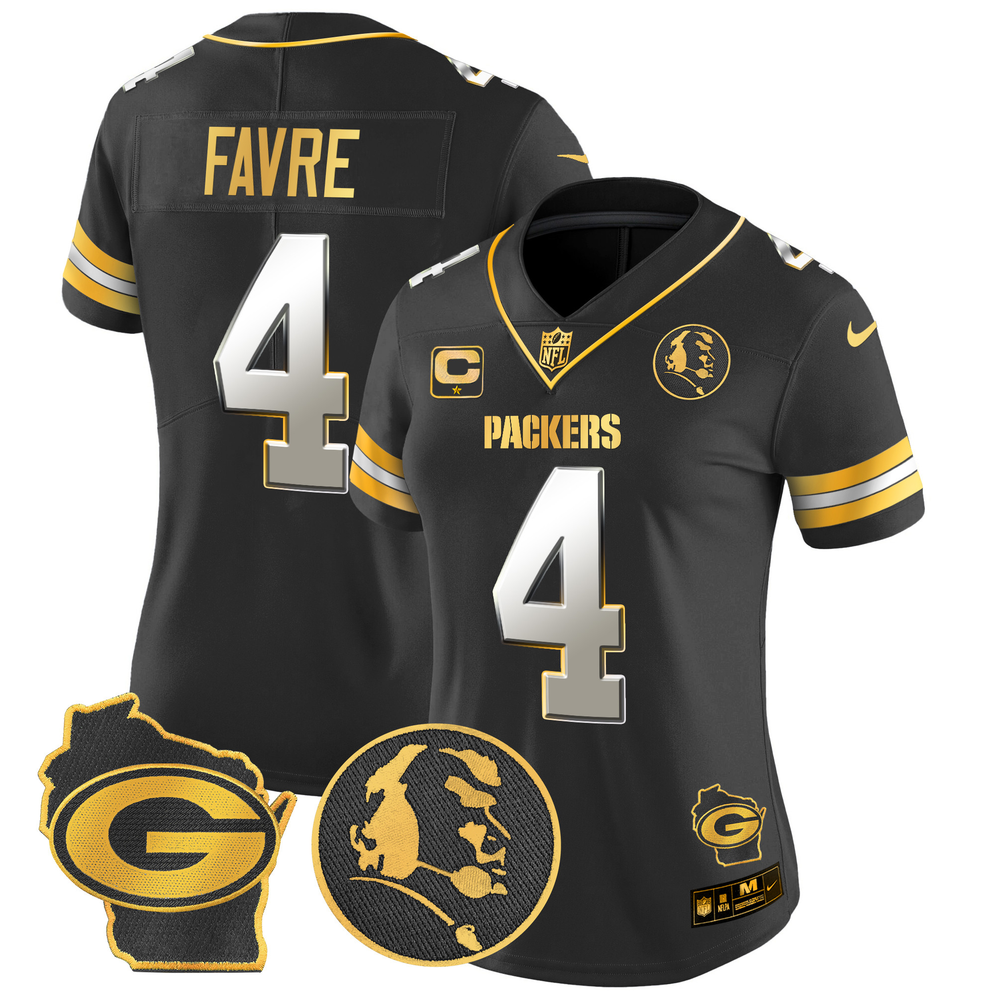 Women's Brett Favre Green Bay Packers John Madden & Home Patch Gold Vapor Limited Black Limited Jersey - All Stitched