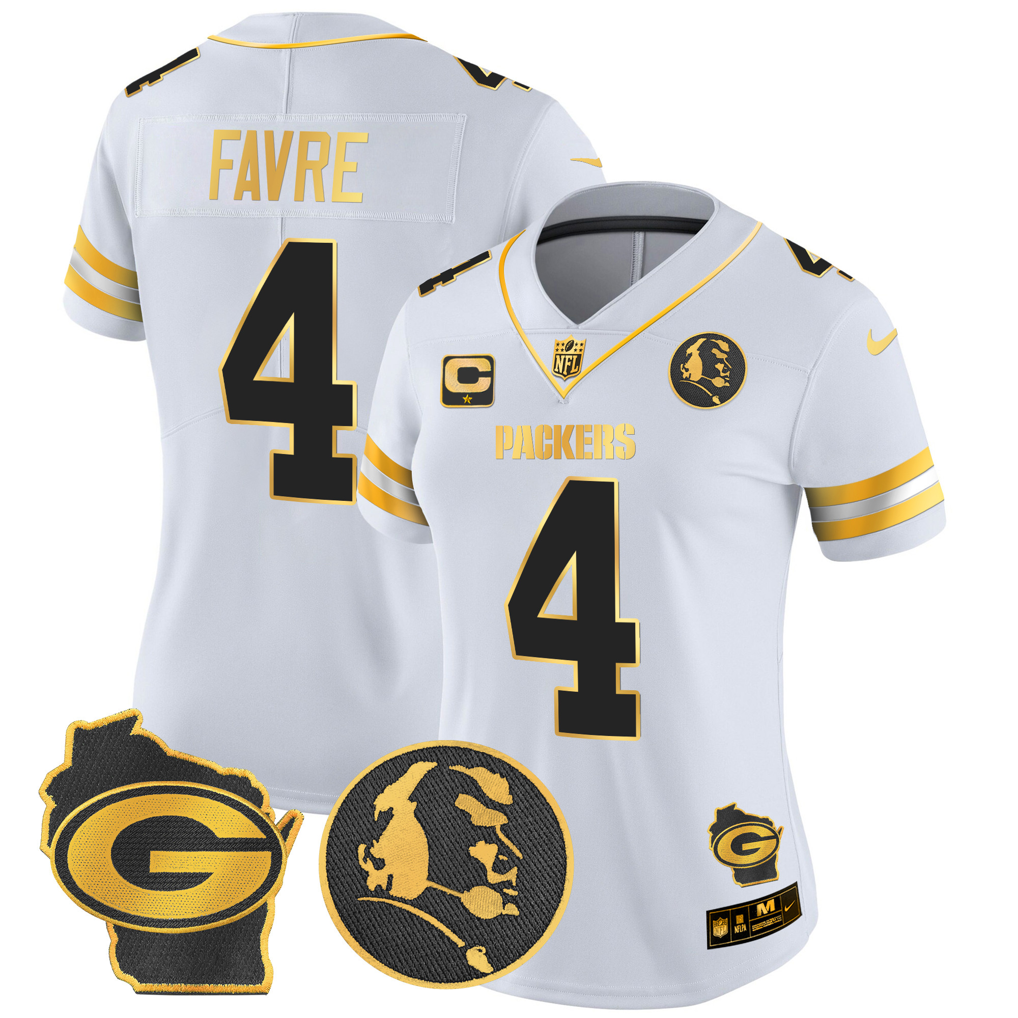 Women's Brett Favre Green Bay Packers John Madden & Home Patch Gold Vapor Limited White Gold Jersey - All Stitched