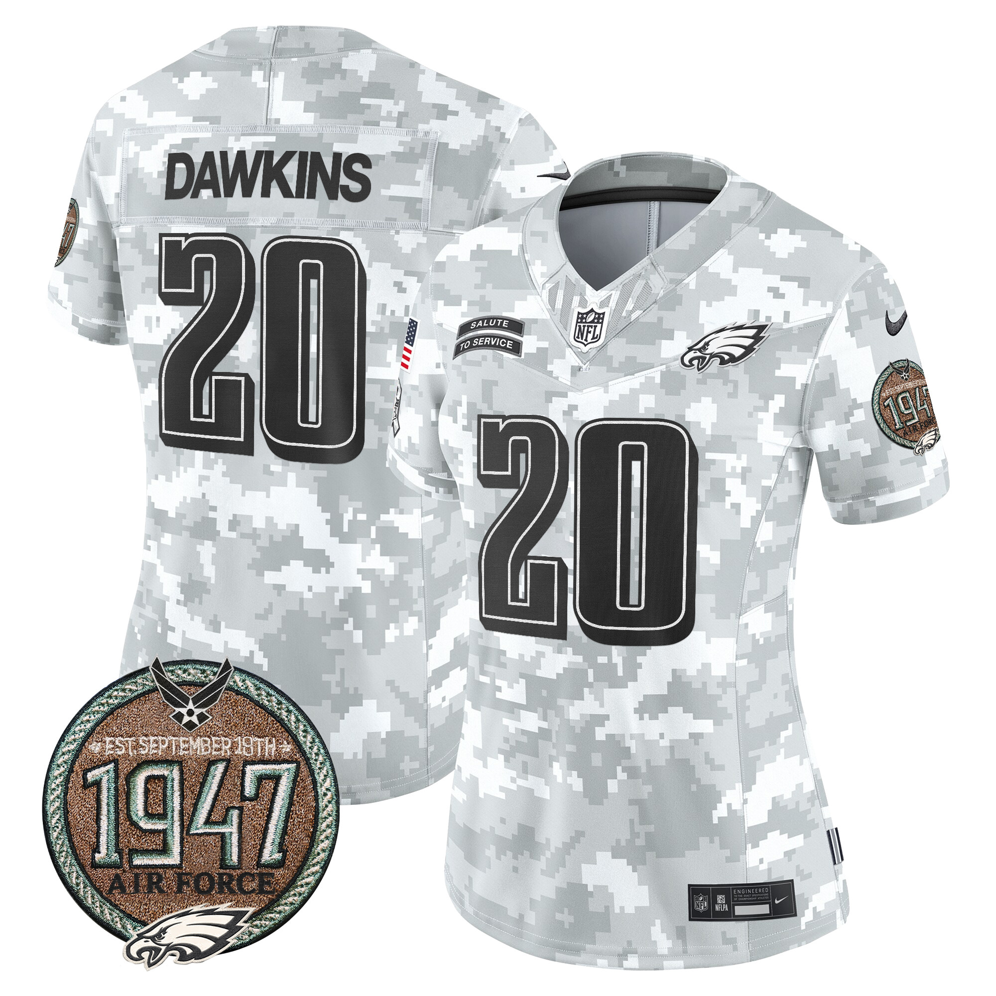Women's Brian Dawkins Philadelphia Eagles 2024 Salute to Service Establishment Year Patch Vapor Limited Air Force Jersey - All Stitched