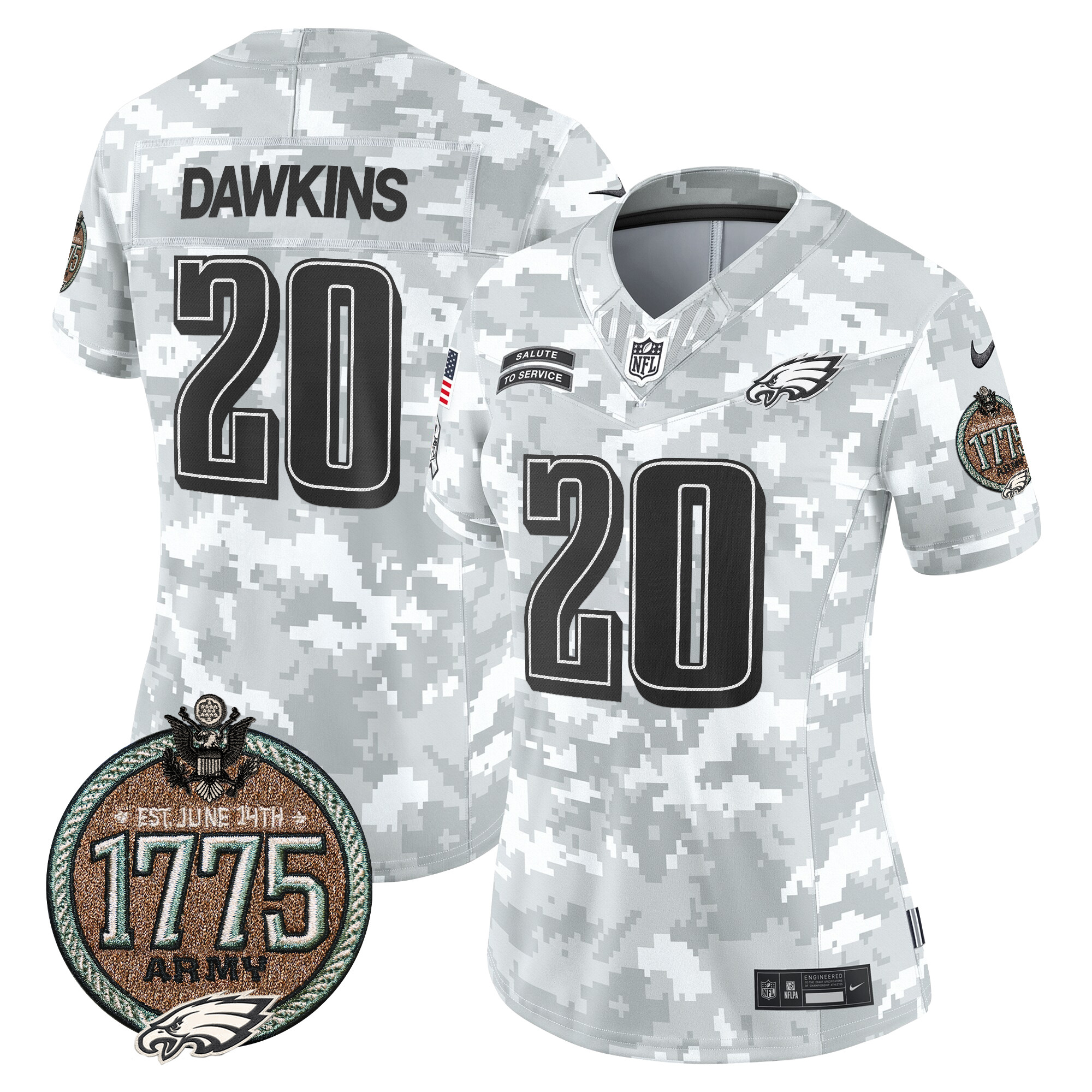 Women's Brian Dawkins Philadelphia Eagles 2024 Salute to Service Establishment Year Patch Vapor Limited Army Jersey - All Stitched