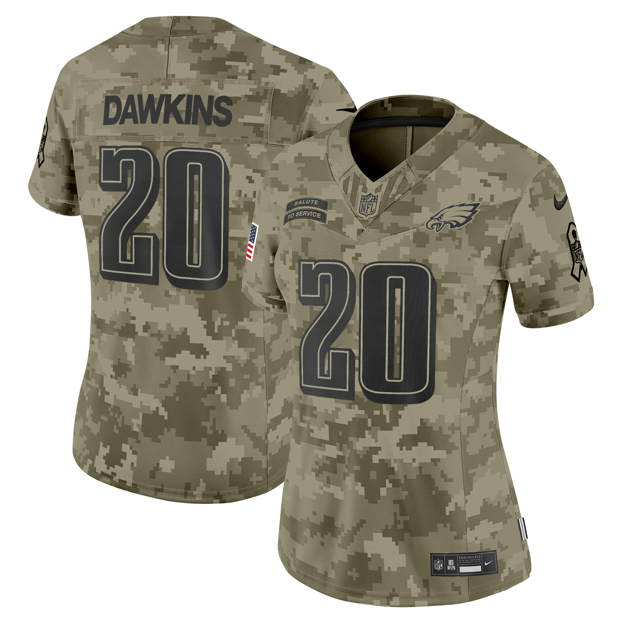 Women's Brian Dawkins Philadelphia Eagles 2024 Salute to Service Vapor Limited Olive Camo Jersey - All Stitched