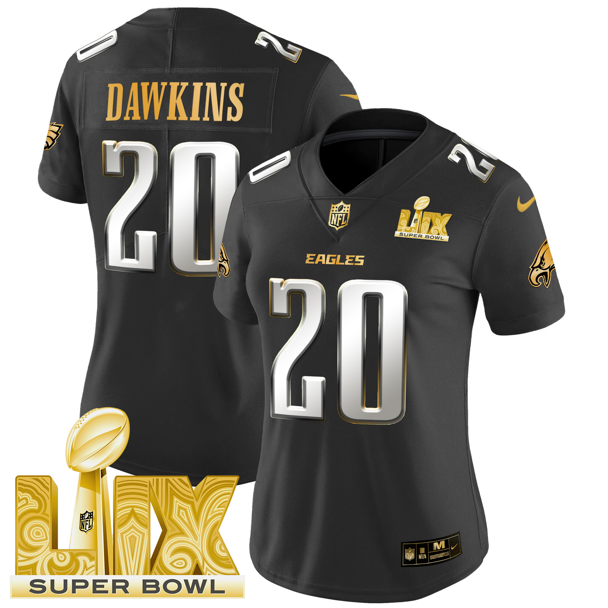 Women's Brian Dawkins Philadelphia Eagles Super Bowl LIX Patch Gold Vapor Limited Black Limited Jersey - All Stitched