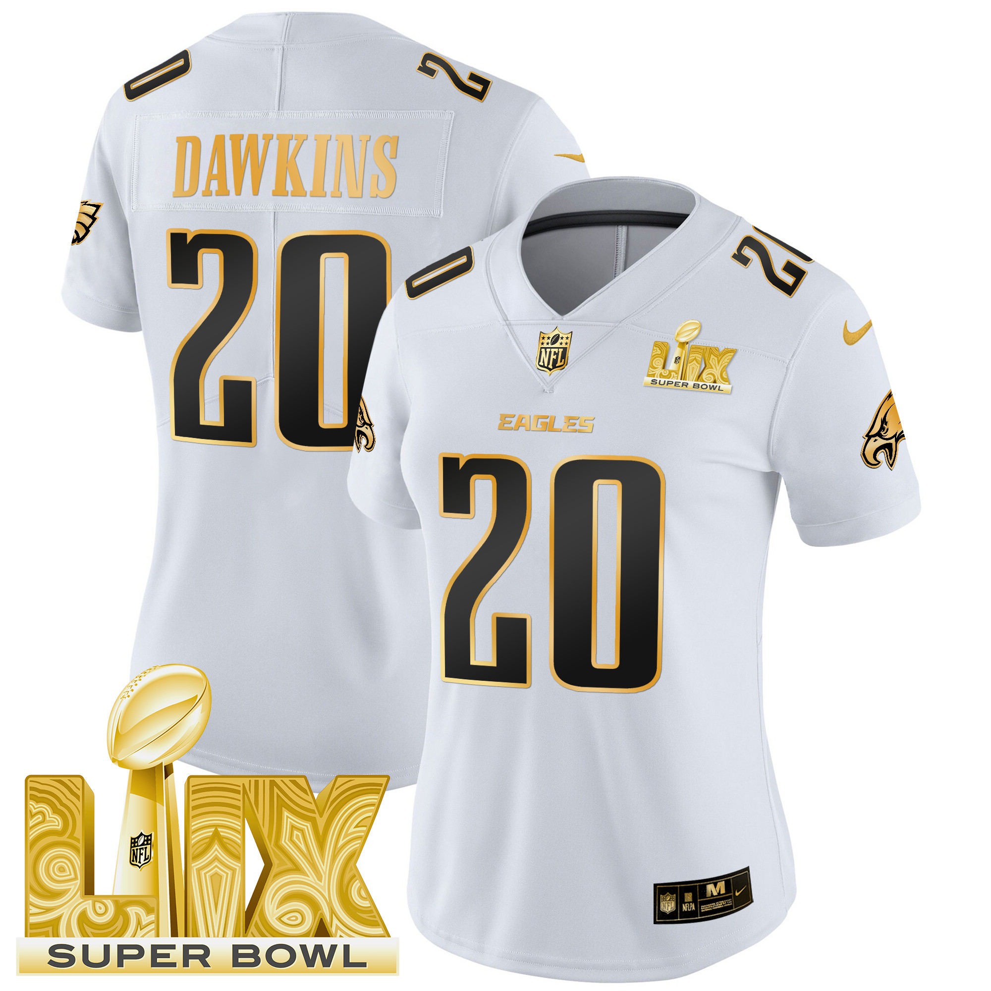 Women's Brian Dawkins Philadelphia Eagles Super Bowl LIX Patch Gold Vapor Limited White Gold Jersey - All Stitched