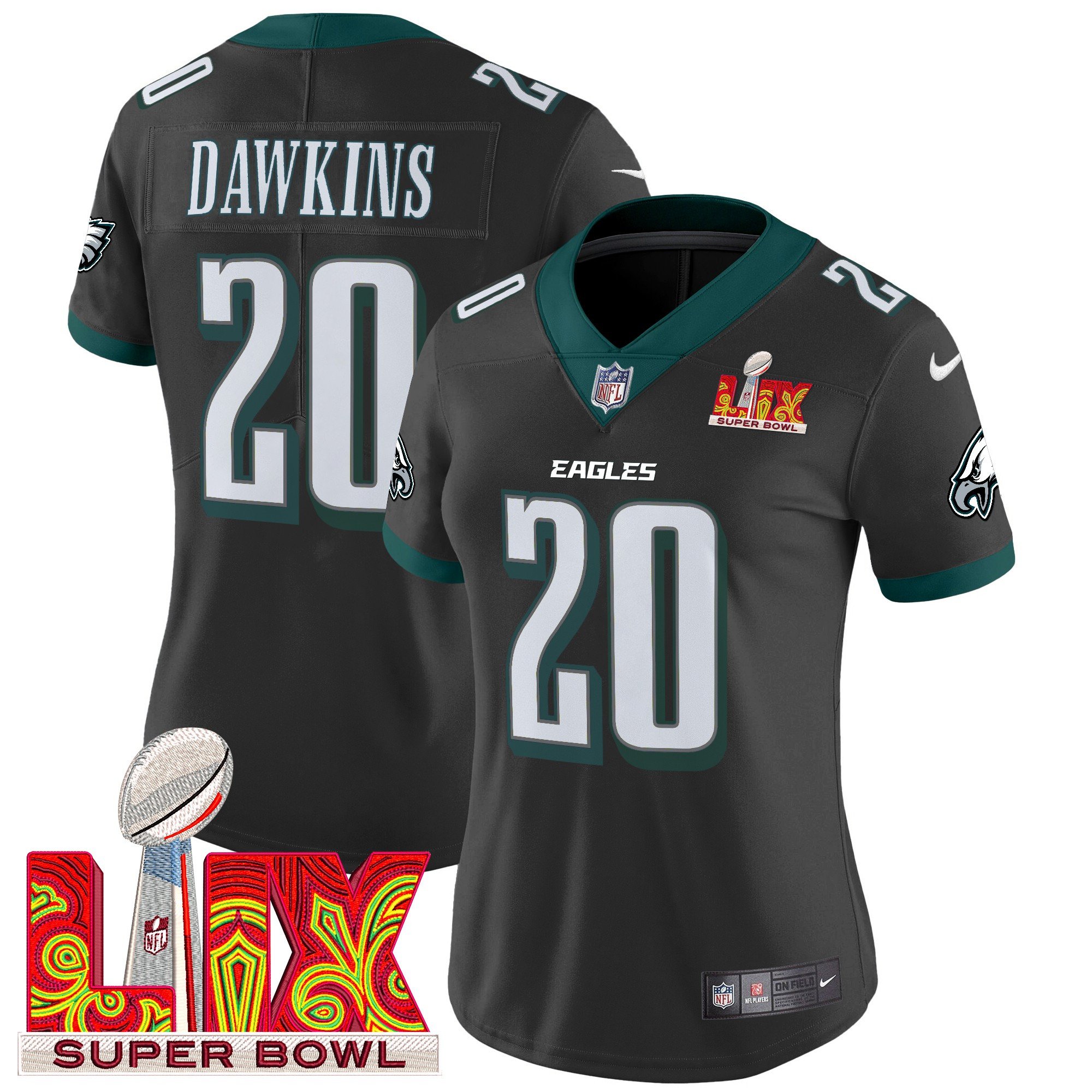 Women's Brian Dawkins Philadelphia Eagles Super Bowl LIX Patch Vapor Limited Black Jersey - All Stitched