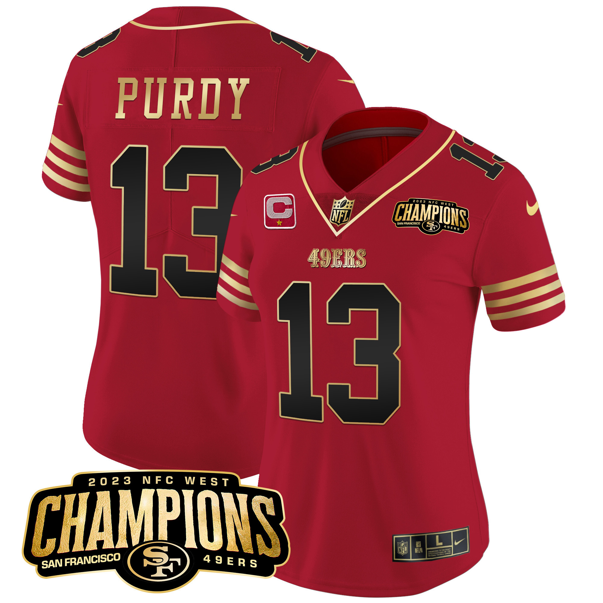 Women's Brock Purdy San Francisco 49ers 2023 NFC West Champions Patch Vapor Black Scarlet Jersey V2 - All Stitched