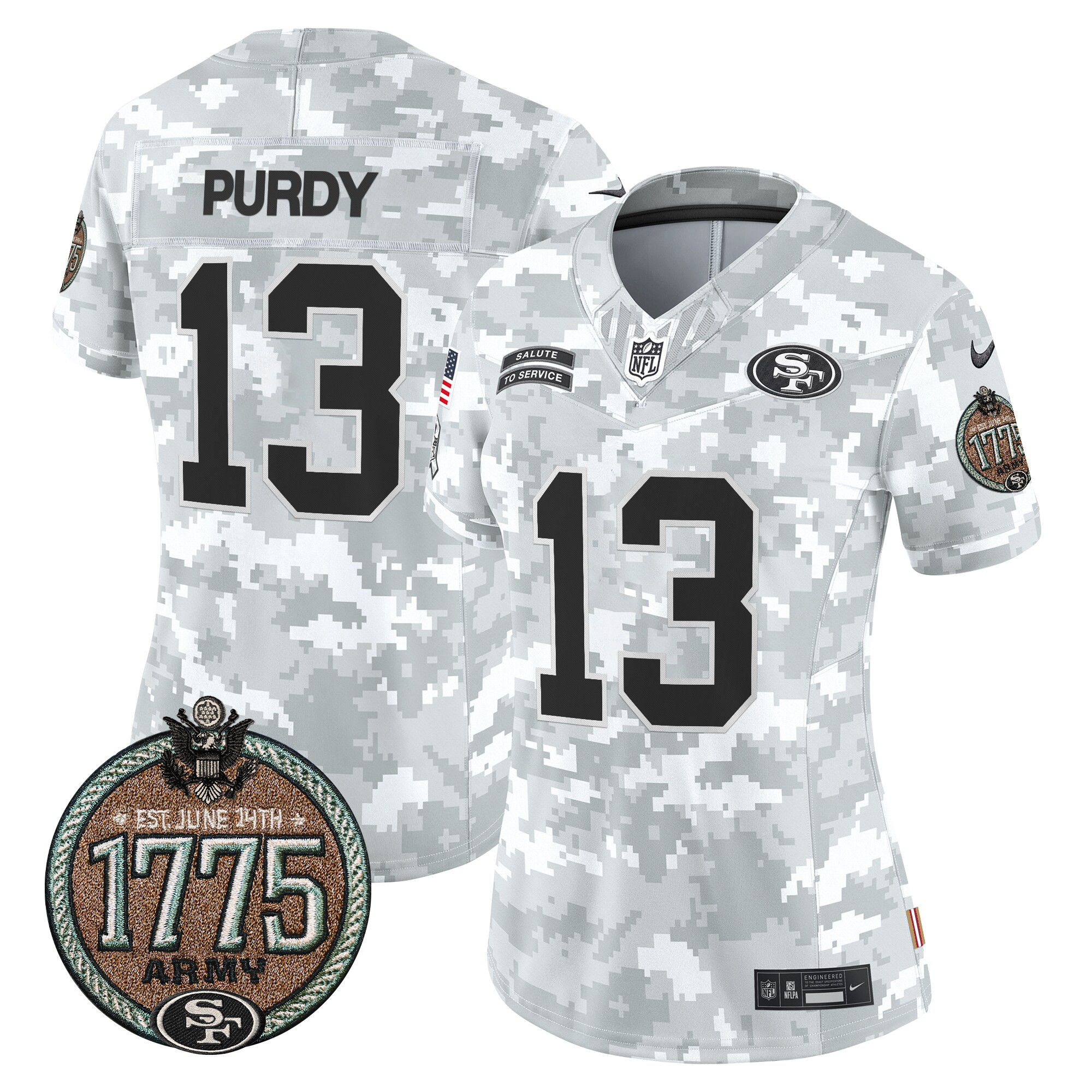 Women's Brock Purdy San Francisco 49ers 2024 Salute to Service Establishment Year Patch Vapor Limited Army Jersey - All Stitched