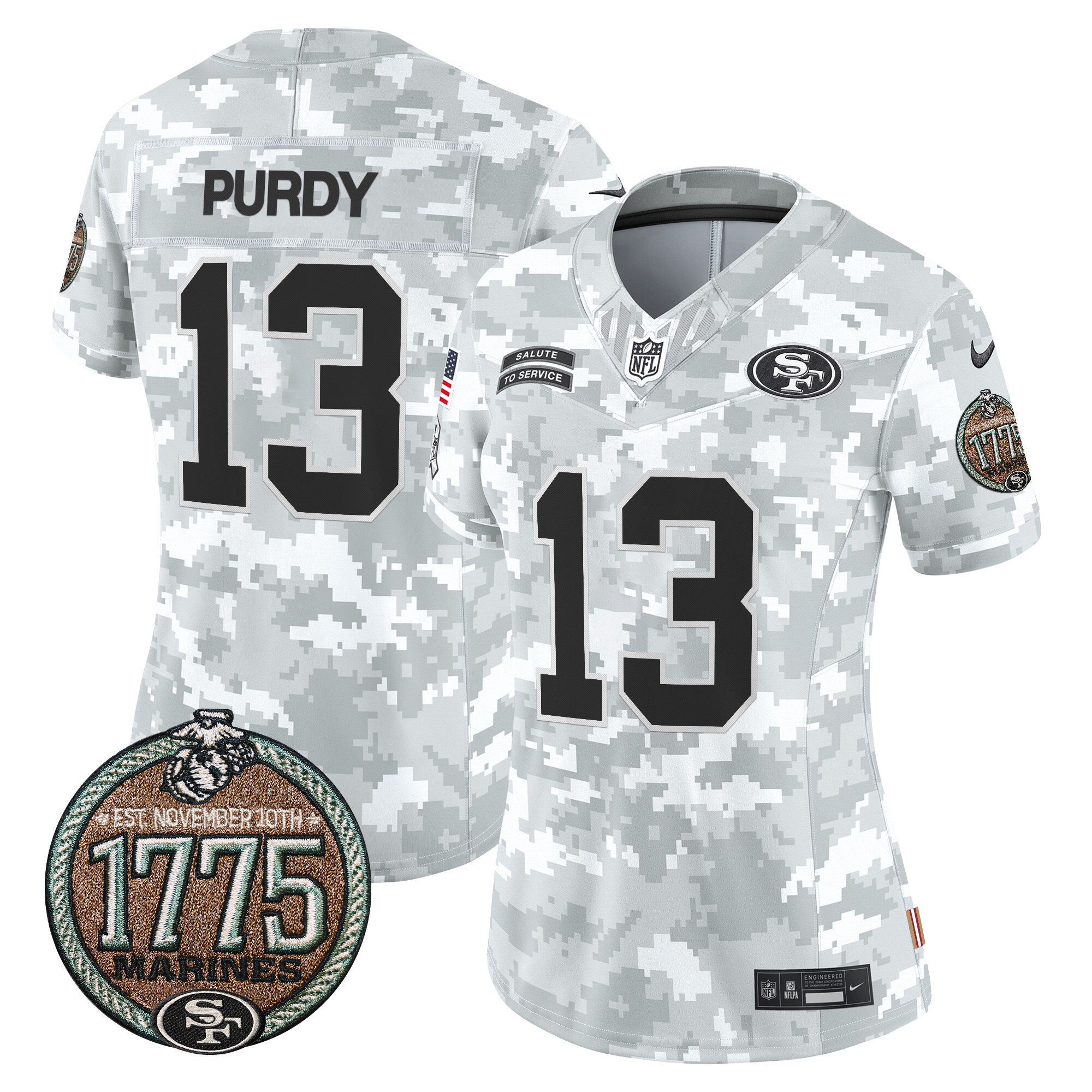 Women's Brock Purdy San Francisco 49ers 2024 Salute to Service Establishment Year Patch Vapor Limited Marines Jersey - All Stitched