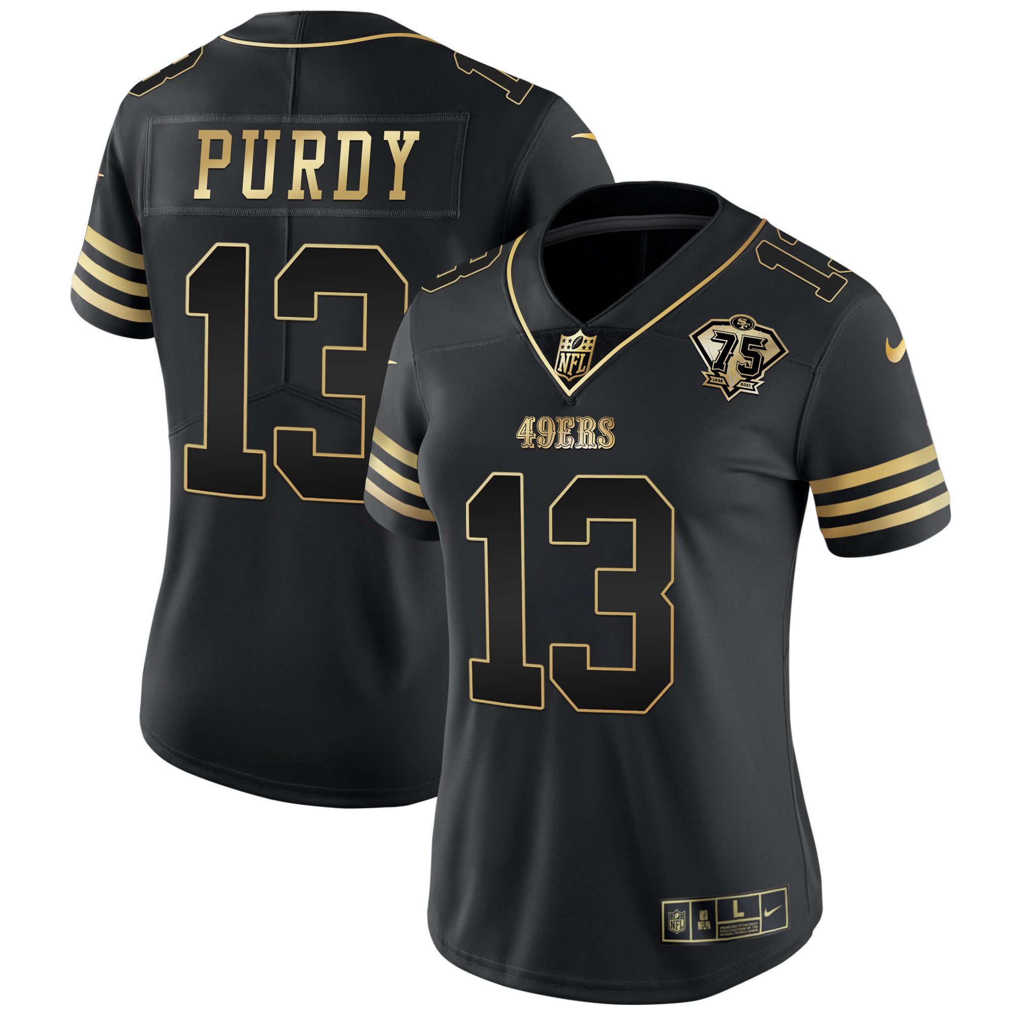Women's Brock Purdy San Francisco 49ers 75th Anniversary Patch Vapor Gold Black Gold Jersey - All Stitched