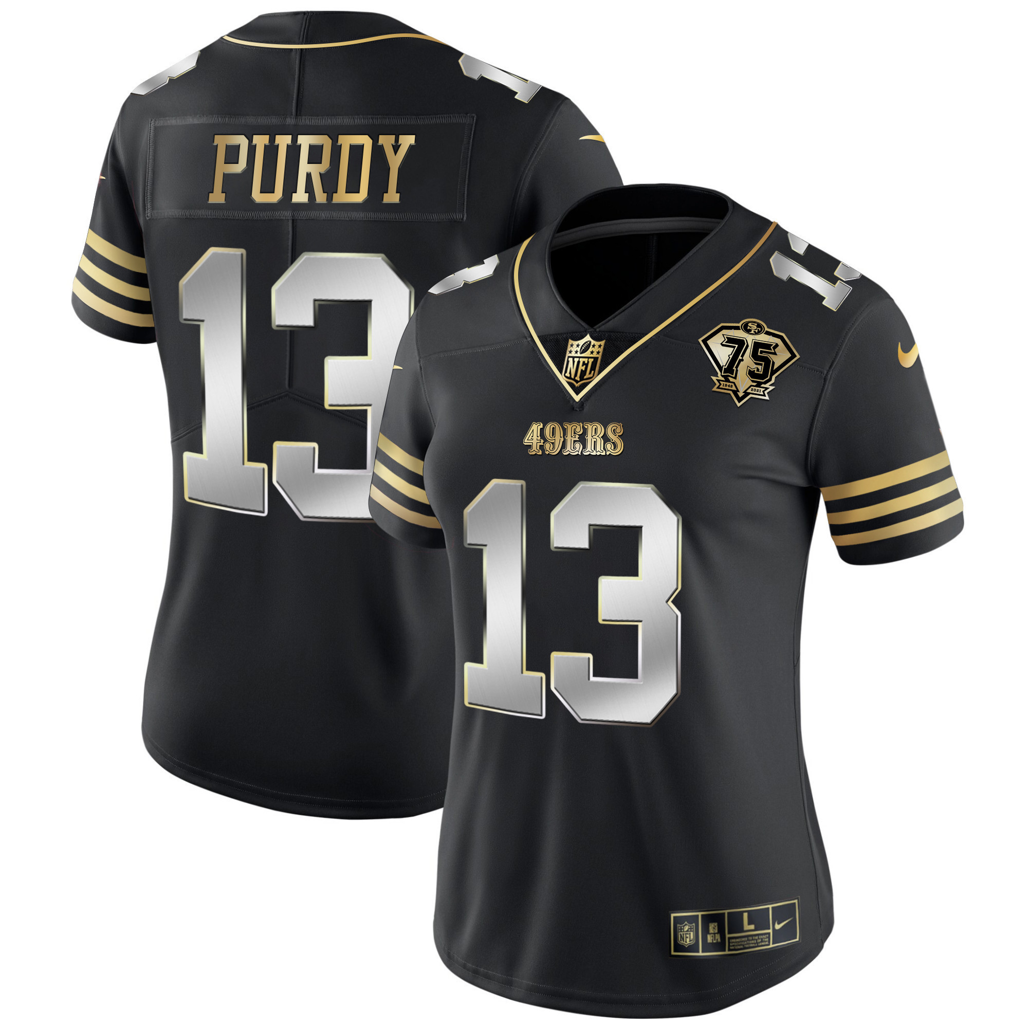 Women's Brock Purdy San Francisco 49ers 75th Anniversary Patch Vapor Gold Black Limited Jersey - All Stitched