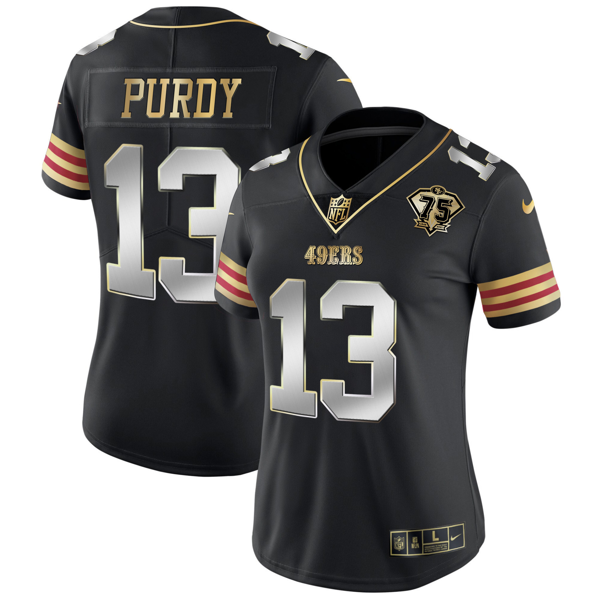 Women's Brock Purdy San Francisco 49ers 75th Anniversary Patch Vapor Gold Black Limited Jersey V2 - All Stitched