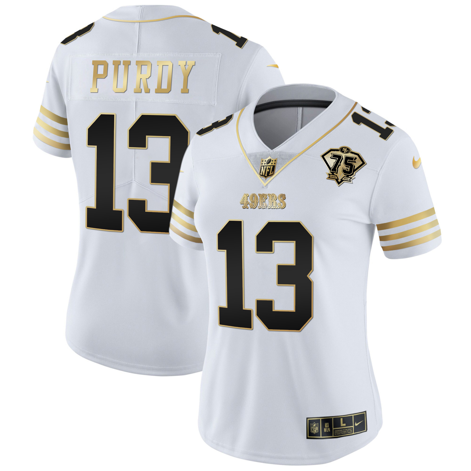 Women's Brock Purdy San Francisco 49ers 75th Anniversary Patch Vapor Gold White Gold Jersey - All Stitched