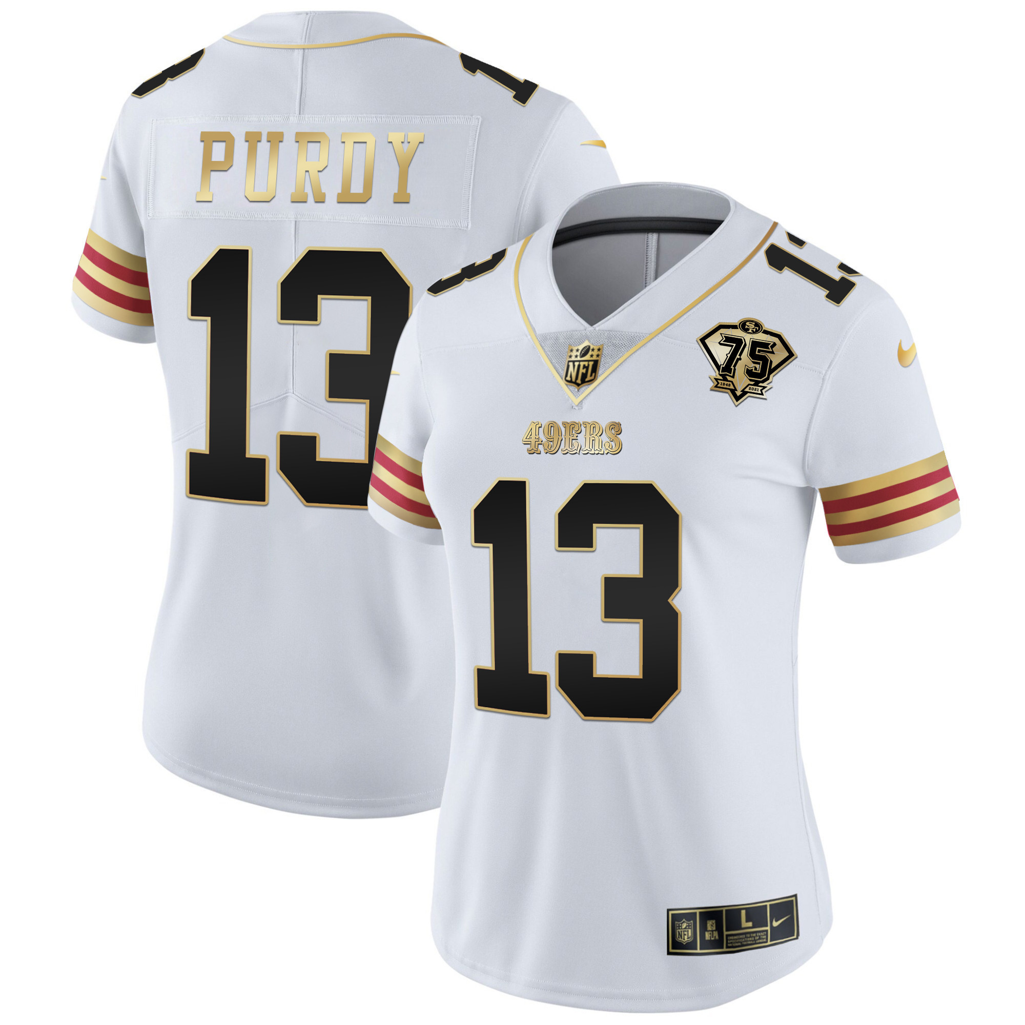 Women's Brock Purdy San Francisco 49ers 75th Anniversary Patch Vapor Gold White Gold Jersey V2 - All Stitched