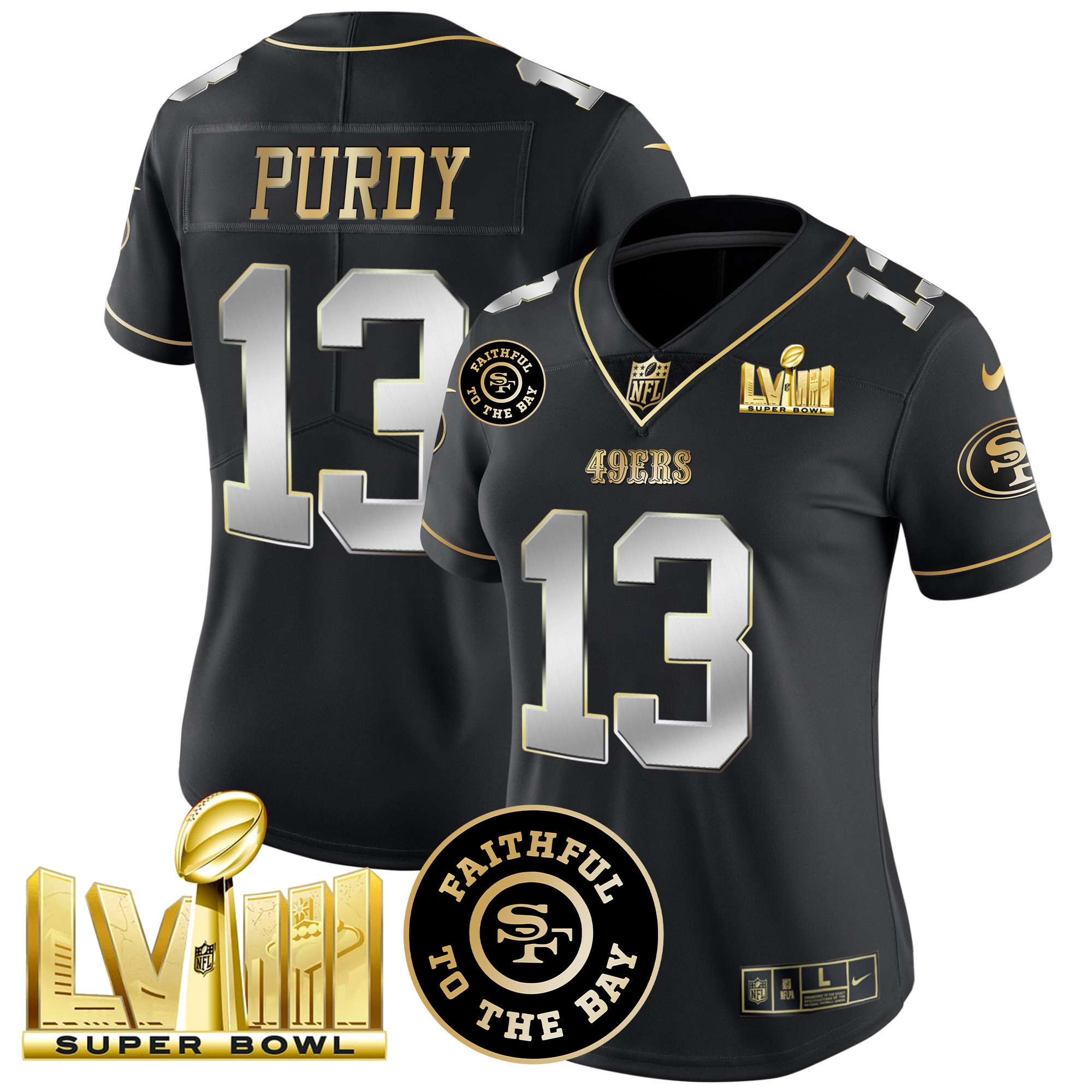 Women's Brock Purdy San Francisco 49ers Faithful & Super Bowl LVIII Gold Patch Vapor Black Limited Jersey - All Stitched