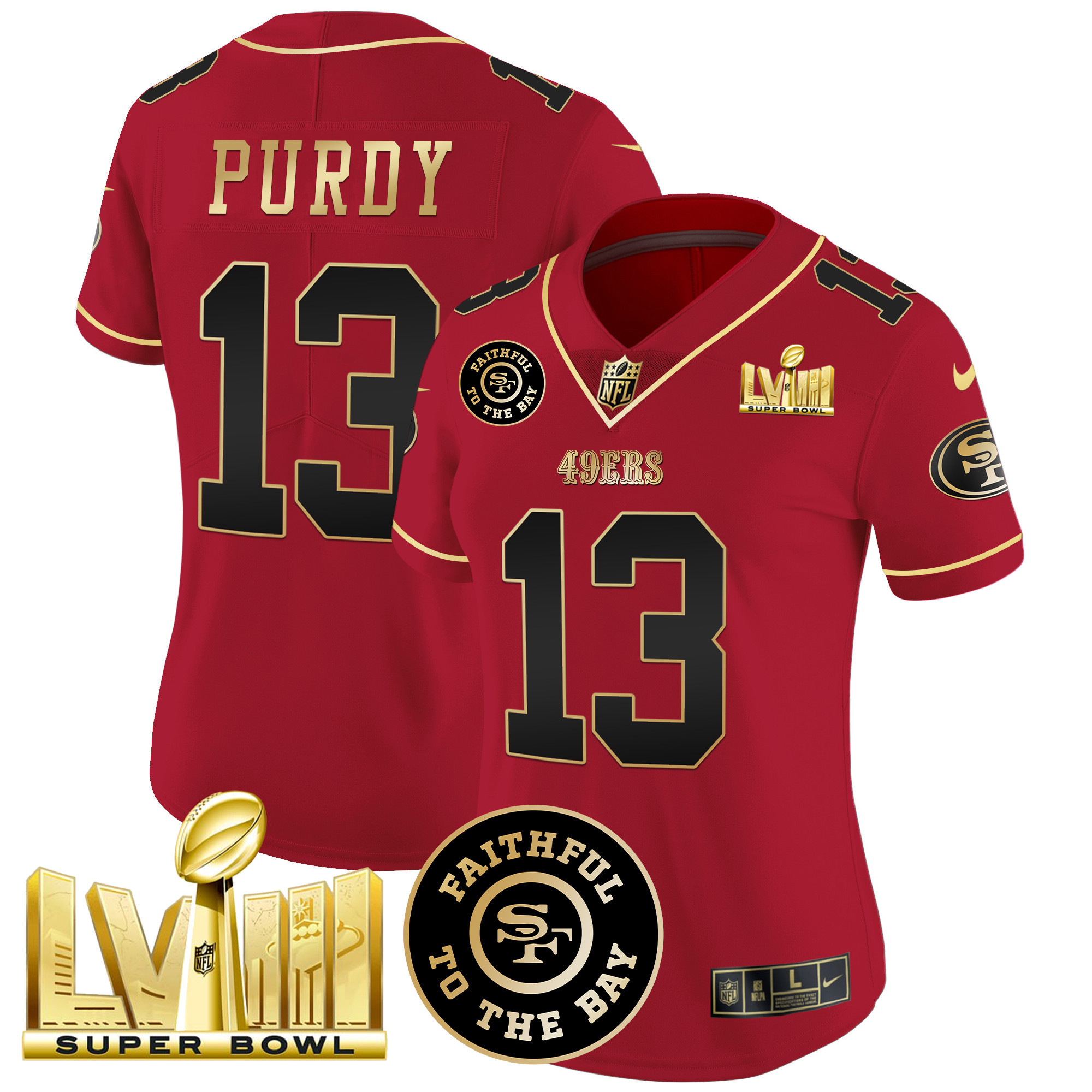 Women's Brock Purdy San Francisco 49ers Faithful & Super Bowl LVIII Gold Patch Vapor Scarlet Limited Jersey - All Stitched