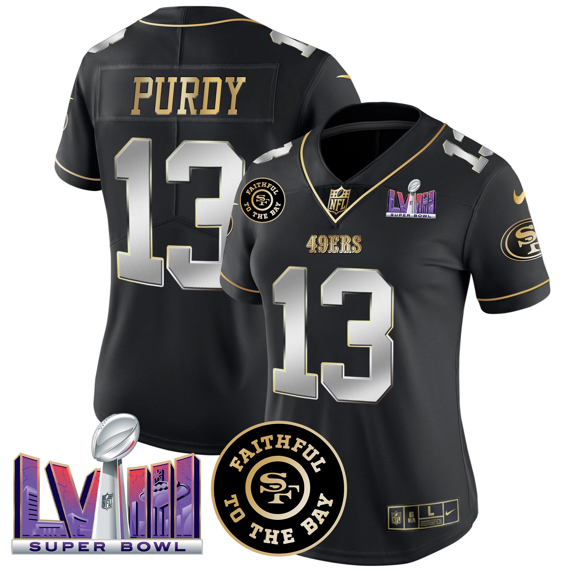 Women's Brock Purdy San Francisco 49ers Faithful & Super Bowl LVIII Patch Vapor Black Limited Jersey - All Stitched