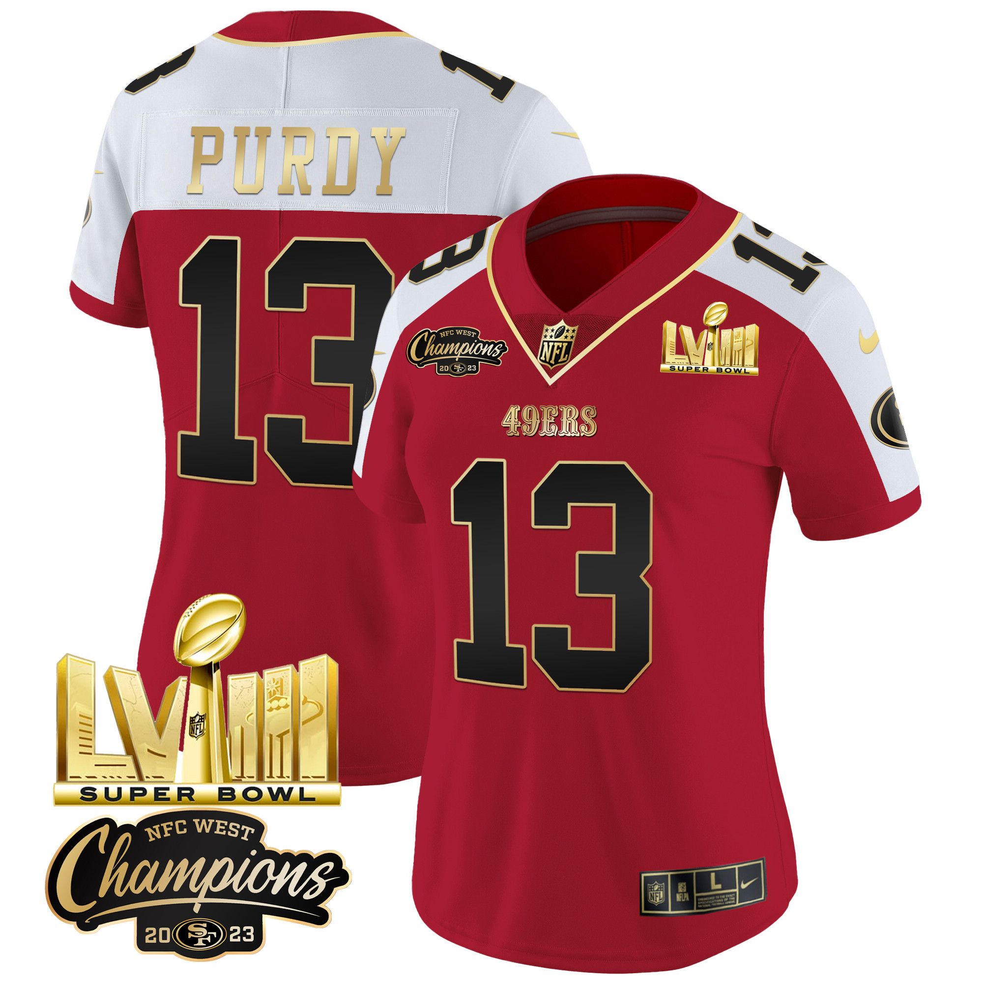 Women's Brock Purdy San Francisco 49ers NFC West Champions & Super Bowl LVIII Gold Patch Vapor Alternate Jersey V2 - All Stitched