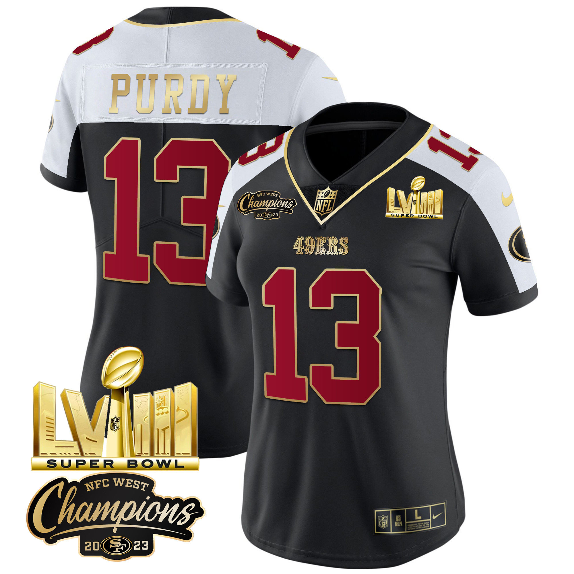 Women's Brock Purdy San Francisco 49ers NFC West Champions & Super Bowl LVIII Gold Patch Vapor Black Alternate Jersey V2 - All Stitched