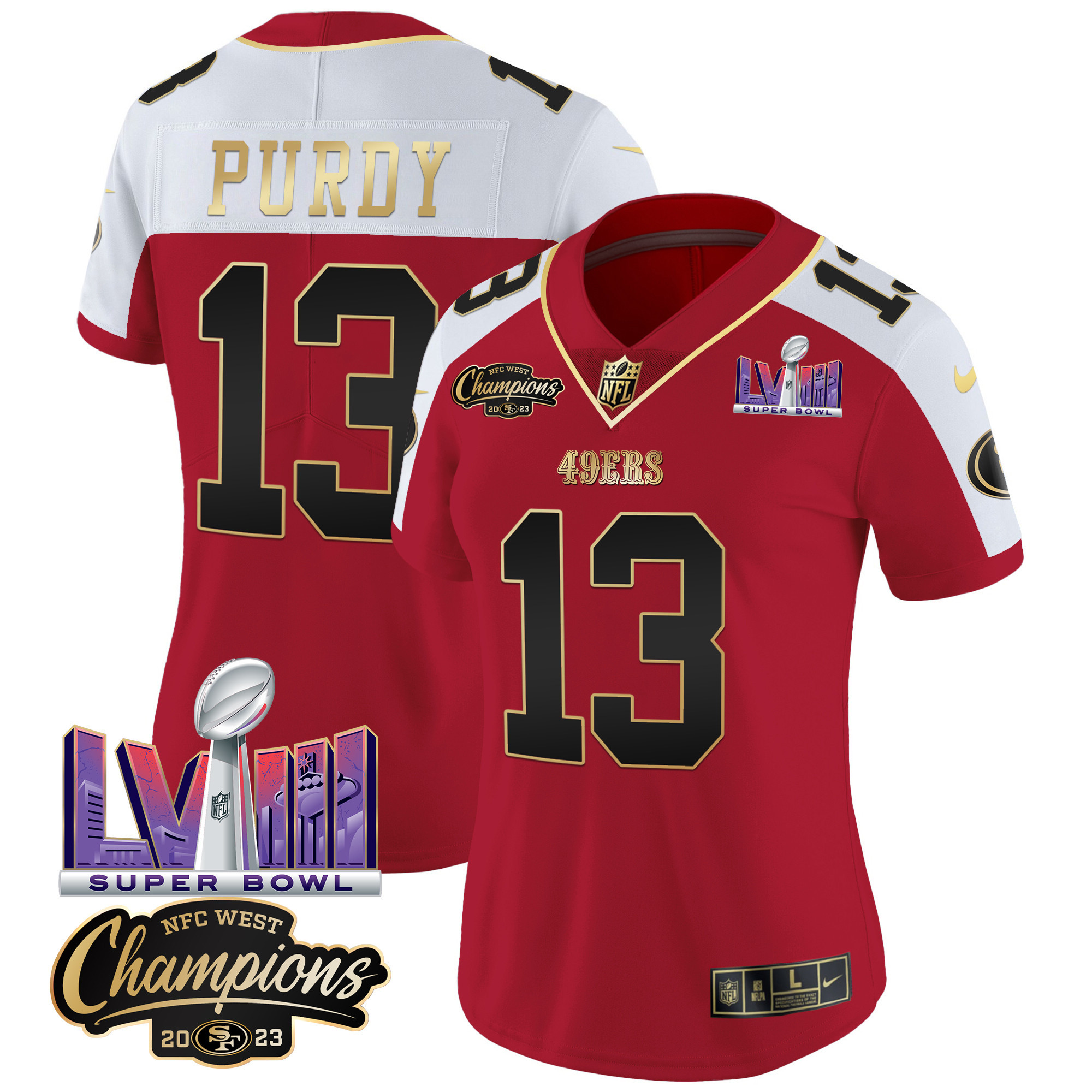Women's Brock Purdy San Francisco 49ers NFC West Champions & Super Bowl LVIII Patch Vapor Alternate Jersey V2 - All Stitched