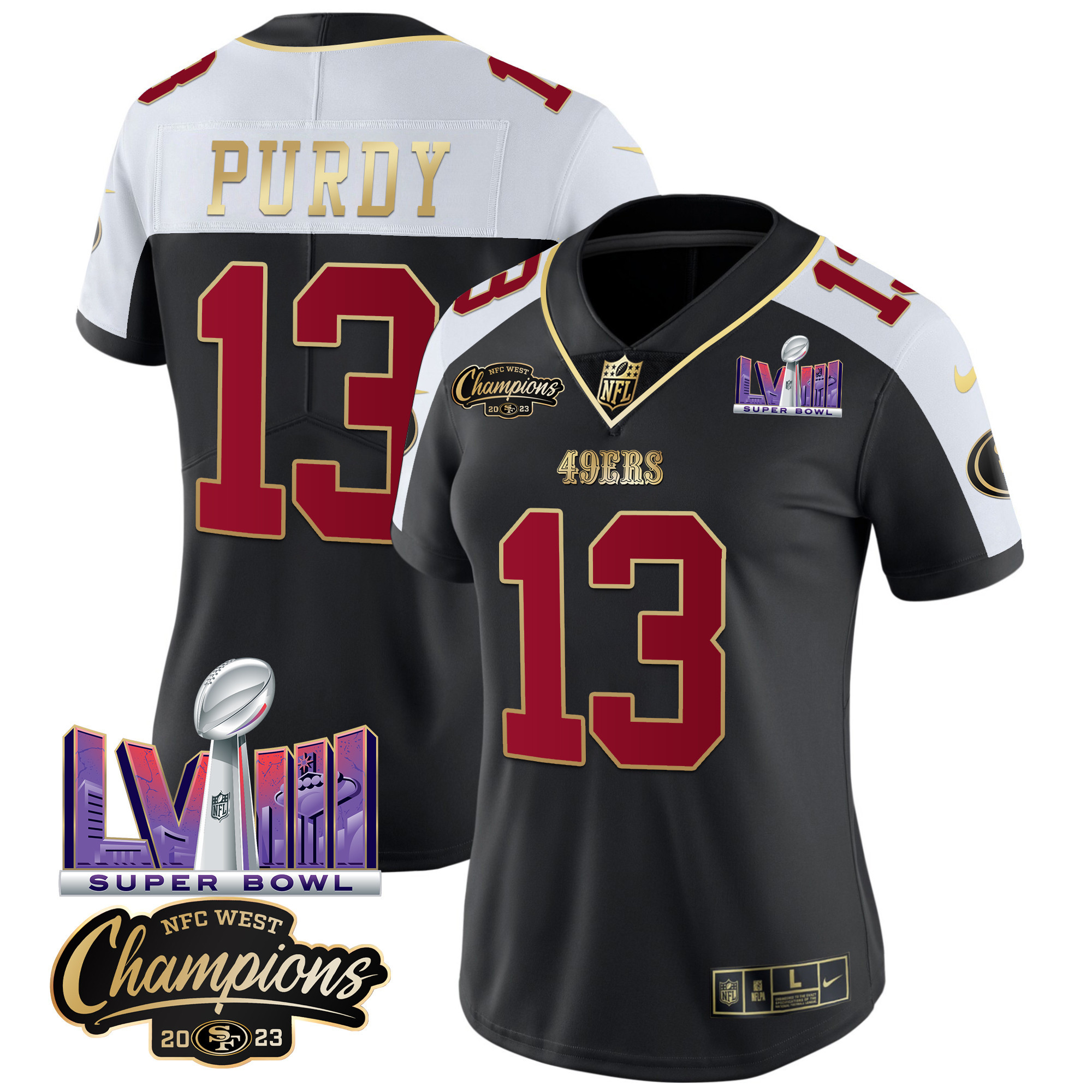 Women's Brock Purdy San Francisco 49ers NFC West Champions & Super Bowl LVIII Patch Vapor Black Alternate Jersey V2 - All Stitched