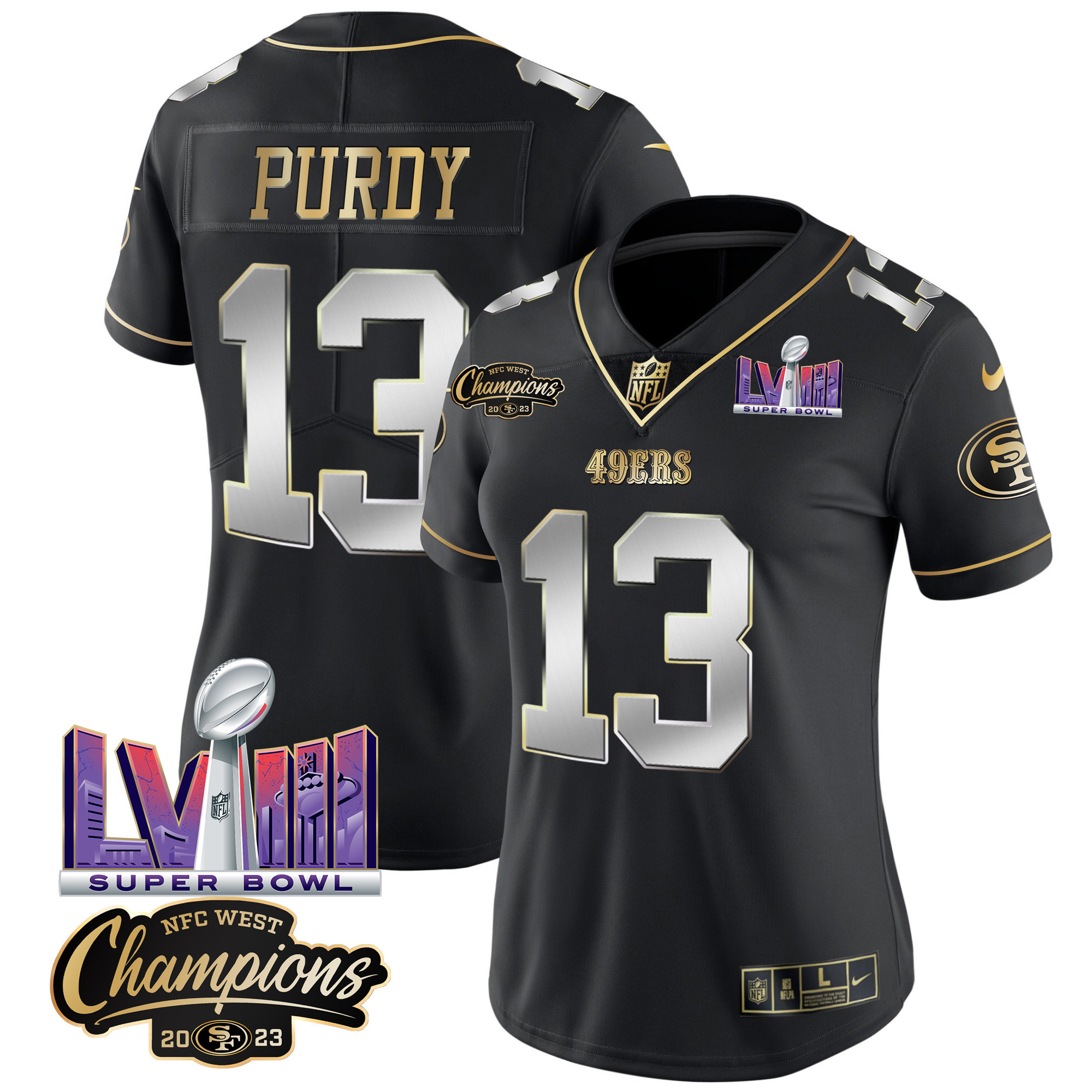 Women's Brock Purdy San Francisco 49ers NFC West Champions & Super Bowl LVIII Patch Vapor Black Limited Jersey V2 - All Stitched