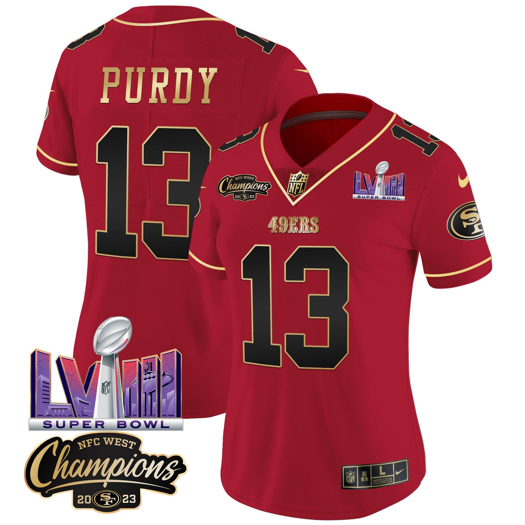Women's Brock Purdy San Francisco 49ers NFC West Champions & Super Bowl LVIII Patch Vapor Scarlet Limited Jersey V2 - All Stitched