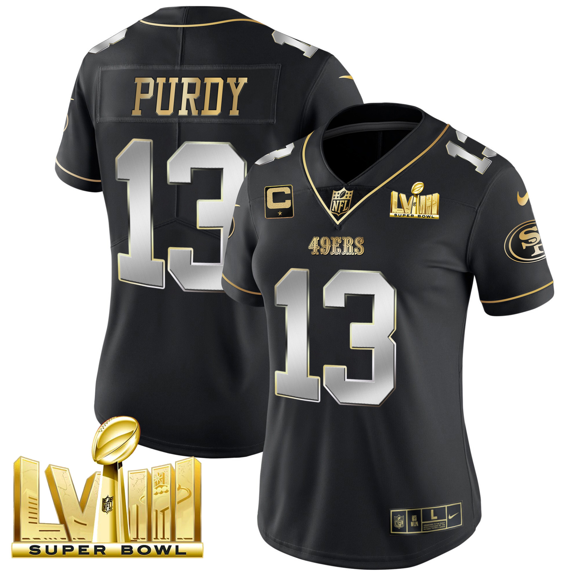Women's Brock Purdy San Francisco 49ers Super Bowl LVIII Gold Patch Vapor Black Limited Jersey - All Stitched
