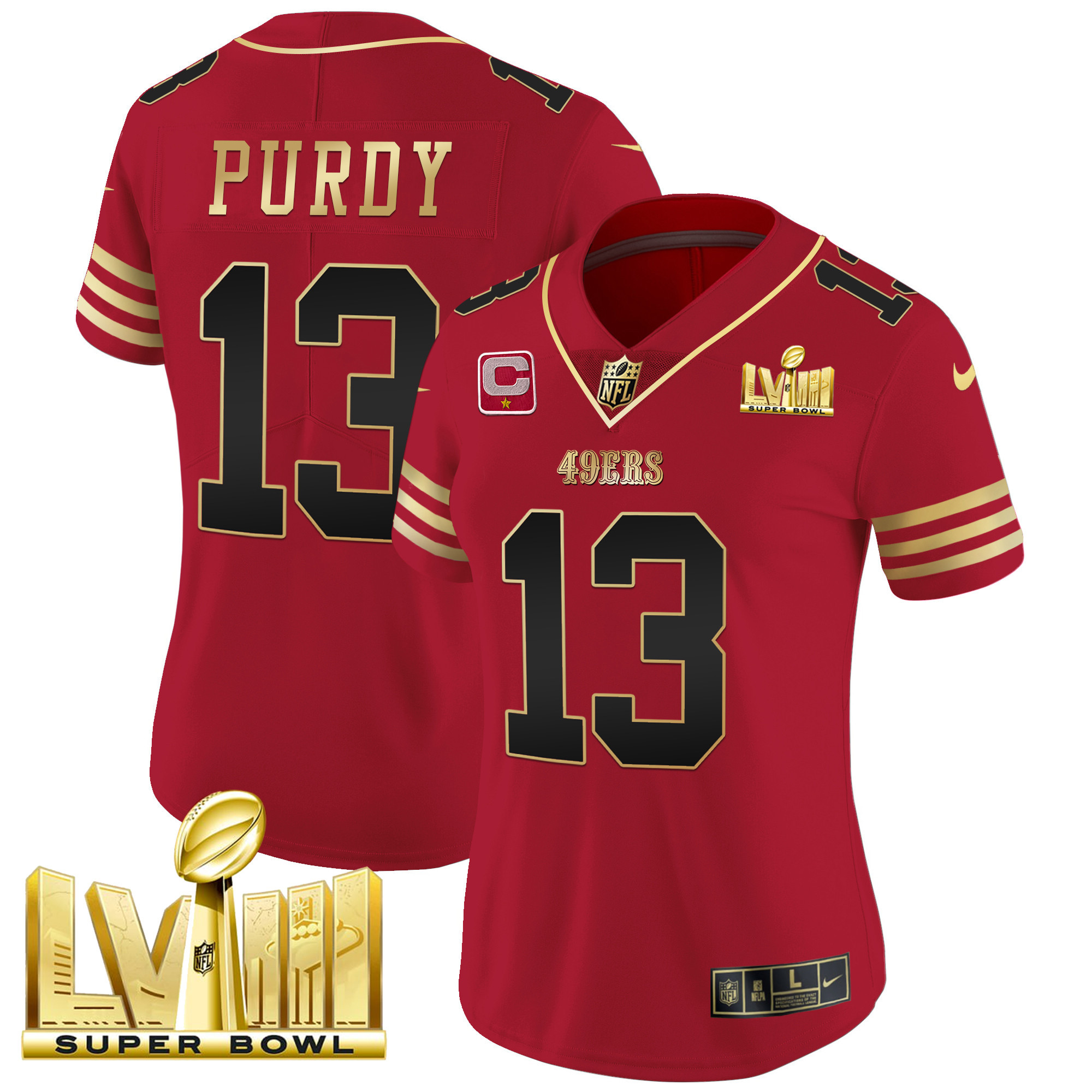 Women's Brock Purdy San Francisco 49ers Super Bowl LVIII Gold Patch Vapor Black Scarlet Jersey - All Stitched