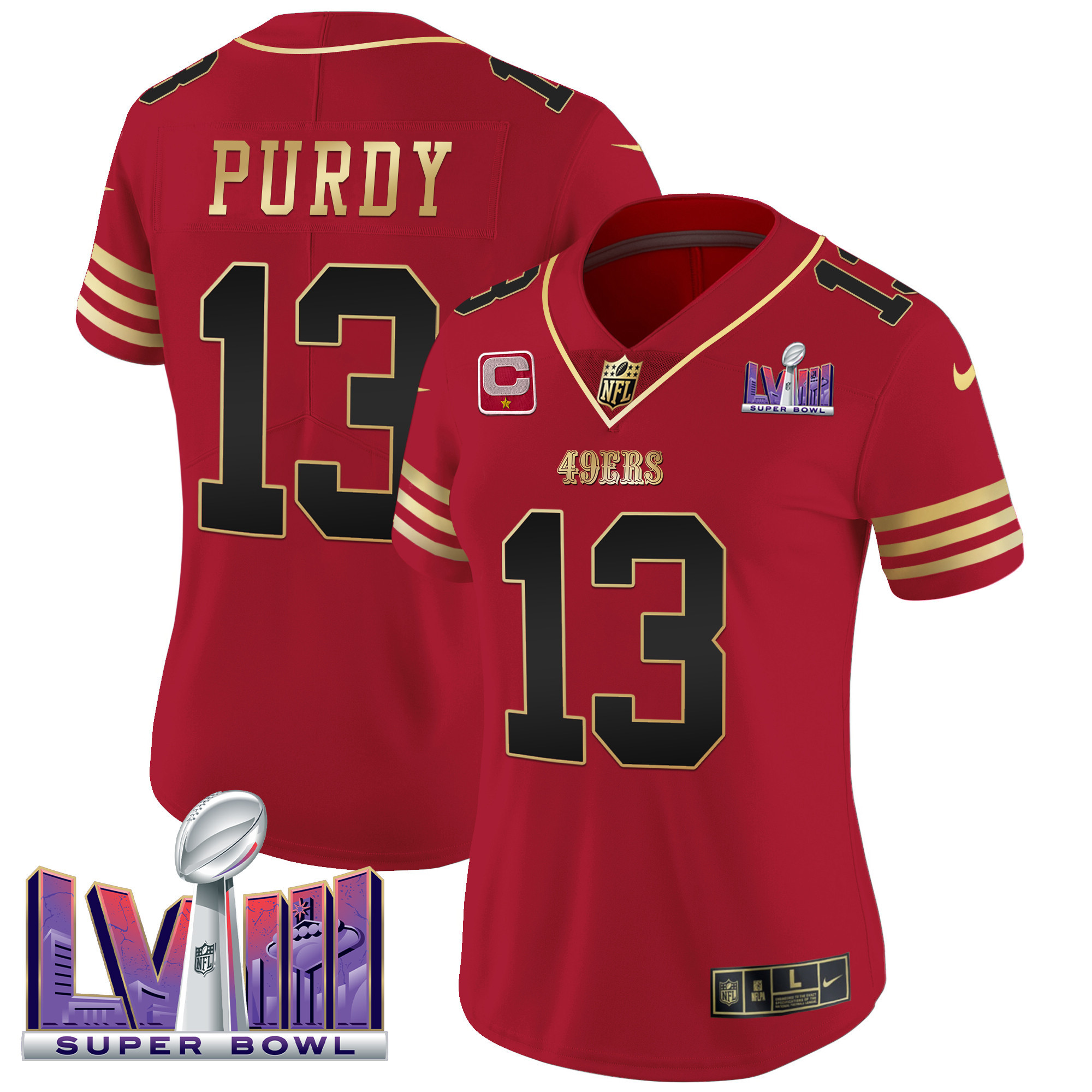 Women's Brock Purdy San Francisco 49ers Super Bowl LVIII Patch Vapor Black Scarlet Jersey - All Stitched