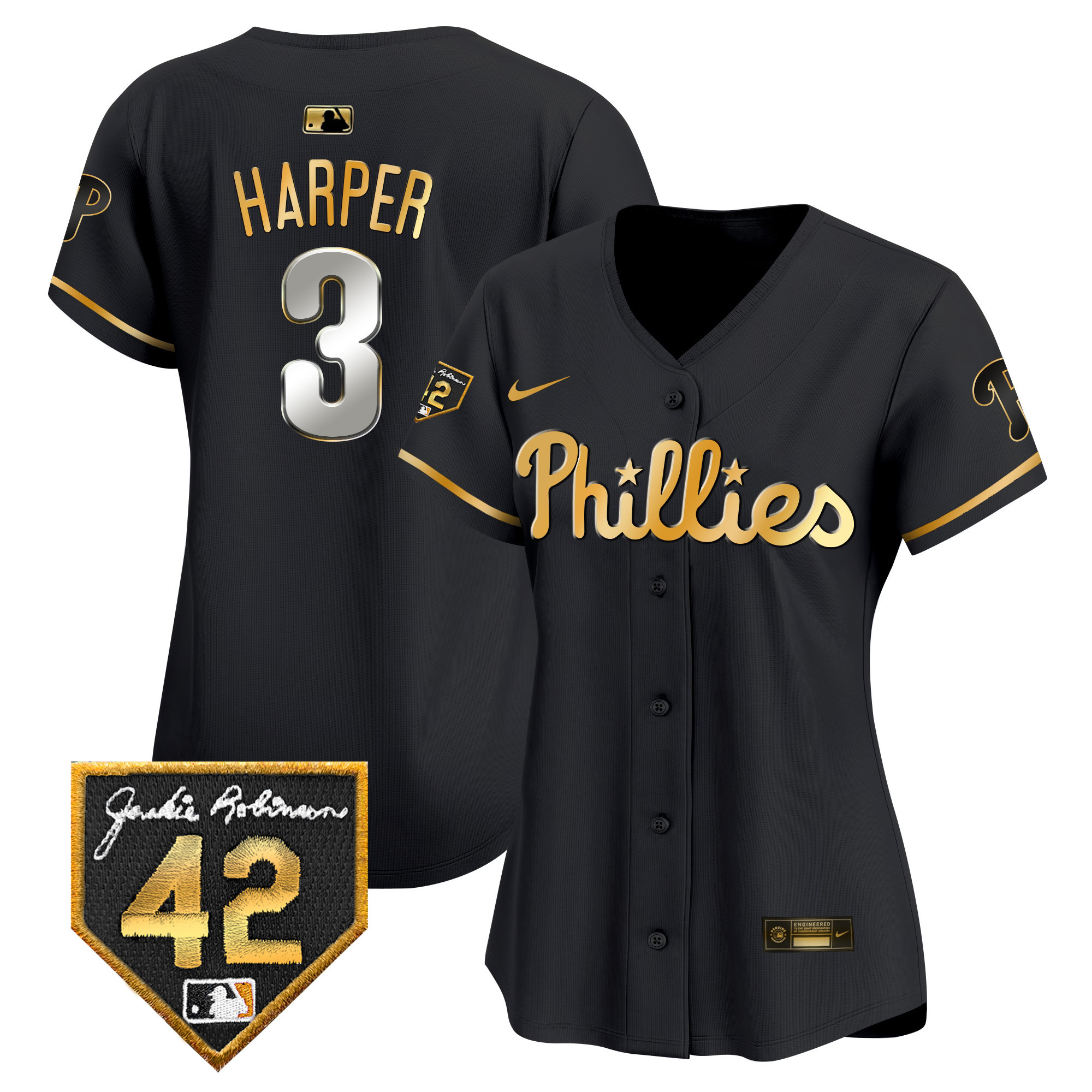 Women's Bryce Harper Philadelphia Phillies 2024 Jackie Robinson Patch Vapor Premier Limited Black Gold Jersey - All Stitched
