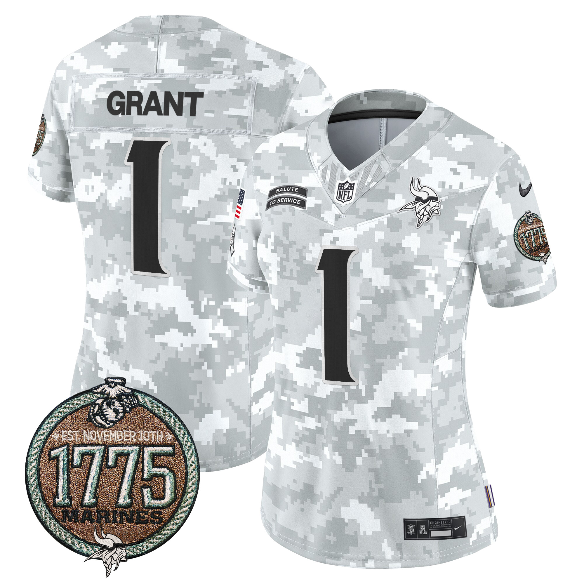 Women's Bud Grant Minnesota Vikings 2024 Salute to Service Establishment Year Patch Vapor Limited Marines Jersey - All Stitched