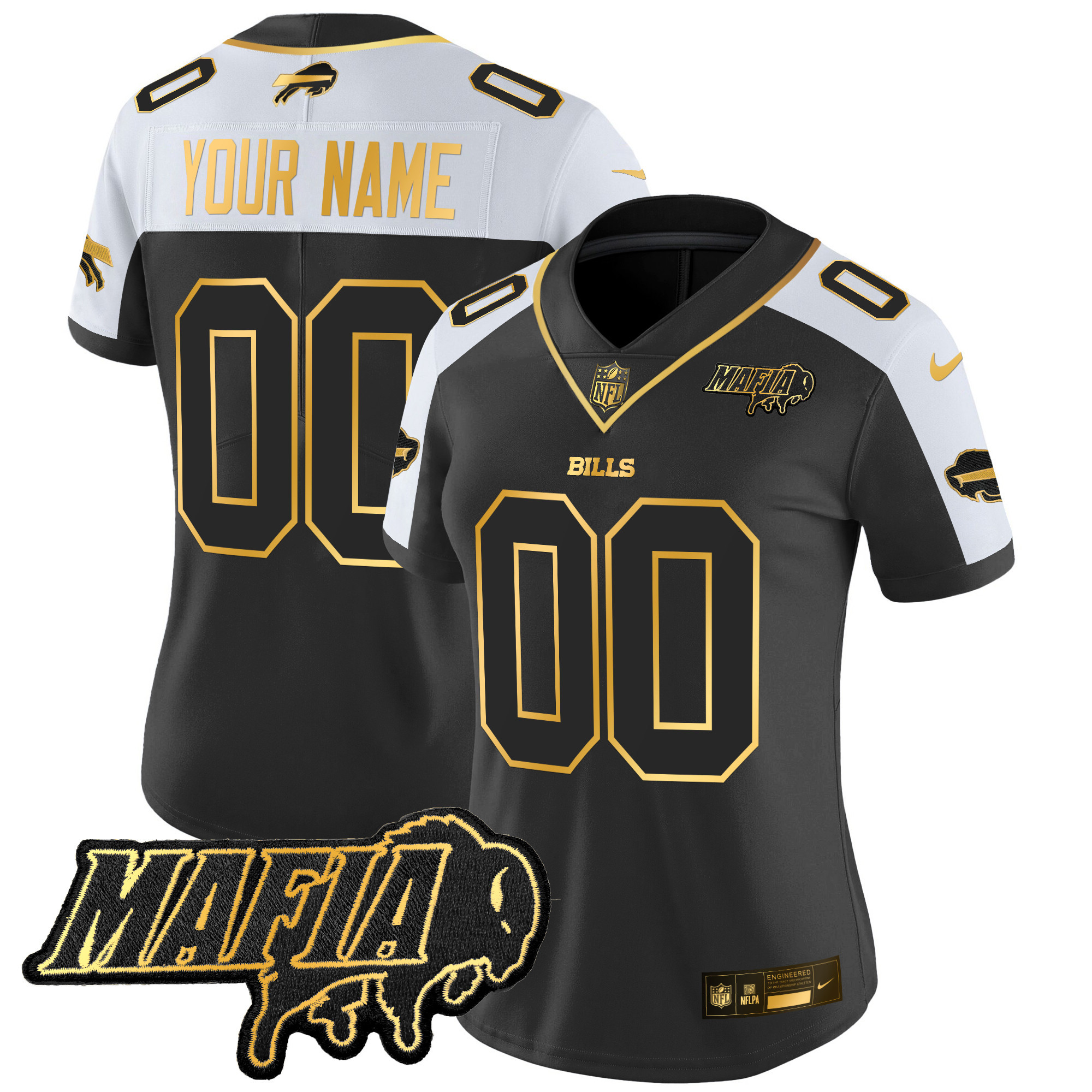 Women's Buffalo Bills 2024 Buffalo Bills Mafia Patch Gold Vapor Limited Custom Alternate Jersey - All Stitched