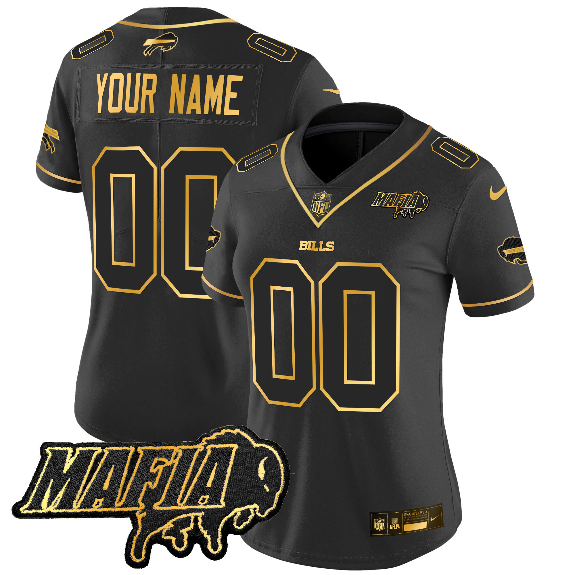Women's Buffalo Bills 2024 Buffalo Bills Mafia Patch Gold Vapor Limited Custom Black Gold Jersey - All Stitched