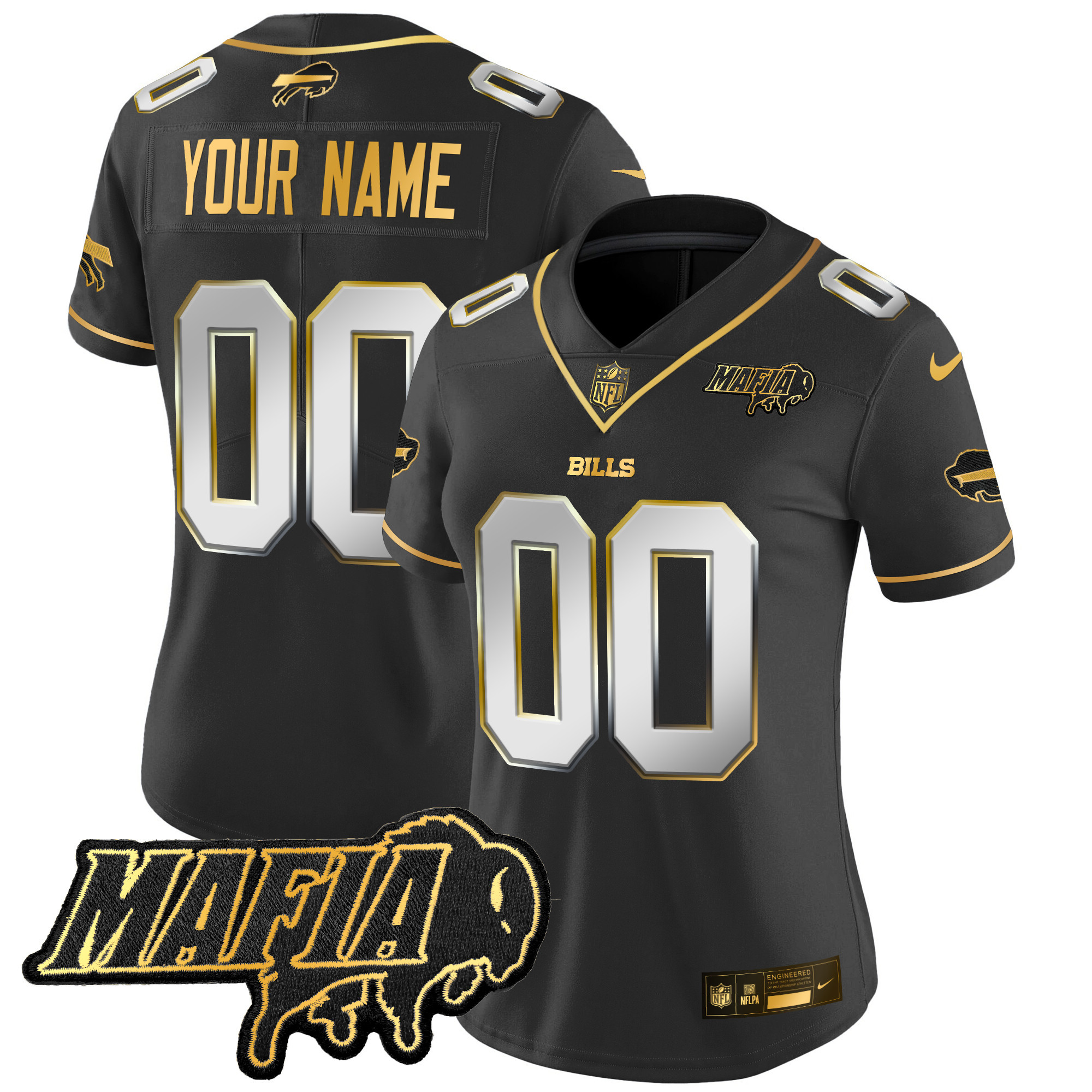 Women's Buffalo Bills 2024 Buffalo Bills Mafia Patch Gold Vapor Limited Custom Black Limited Jersey - All Stitched