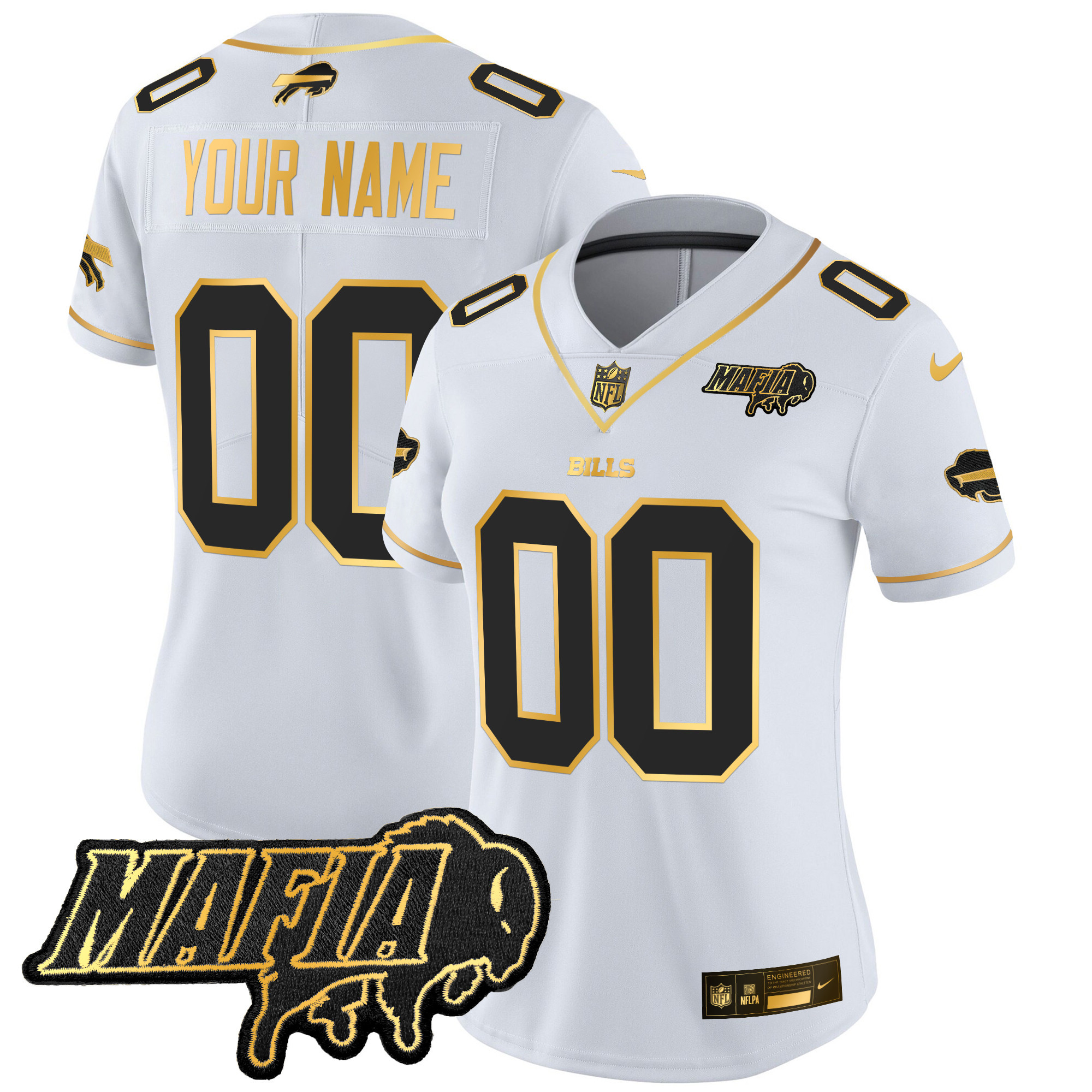 Women's Buffalo Bills 2024 Buffalo Bills Mafia Patch Gold Vapor Limited Custom White Gold Jersey - All Stitched