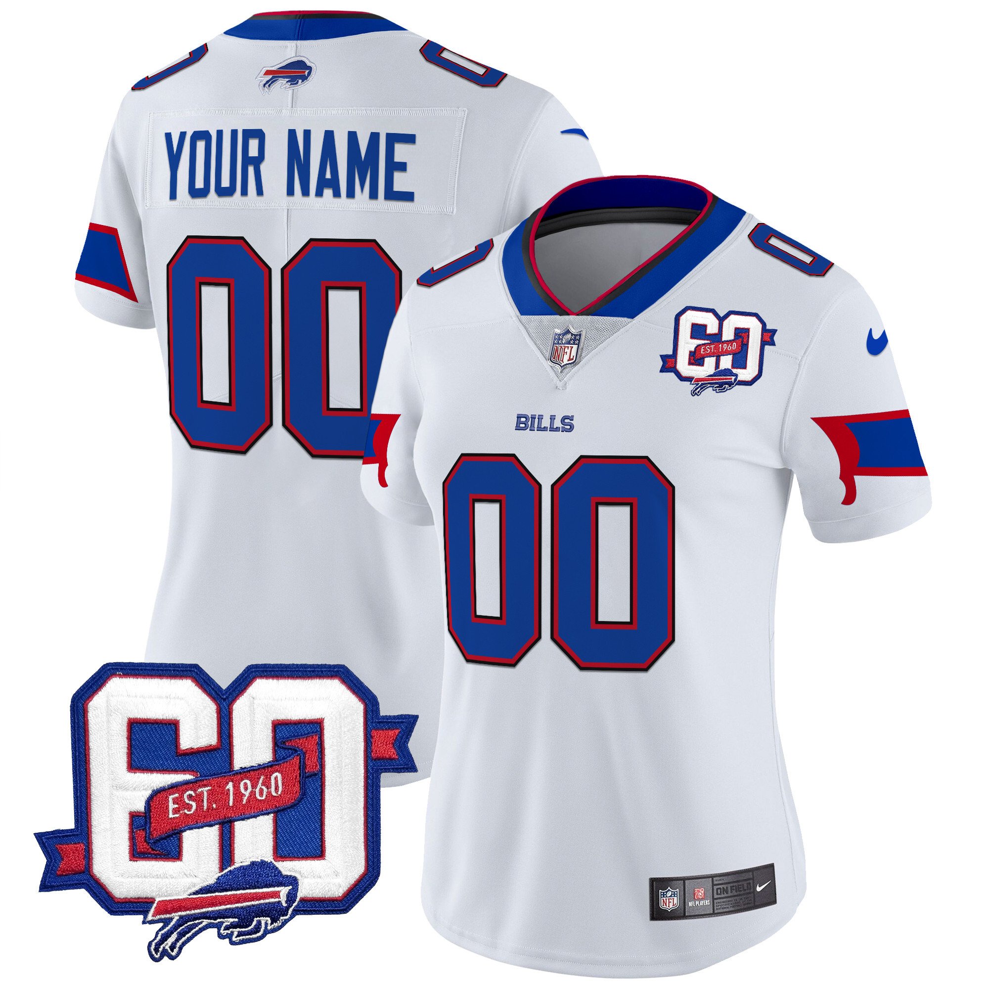 Women's Buffalo Bills 60th Anniversary Patch Vapor Limited Custom White Jersey - All Stitched