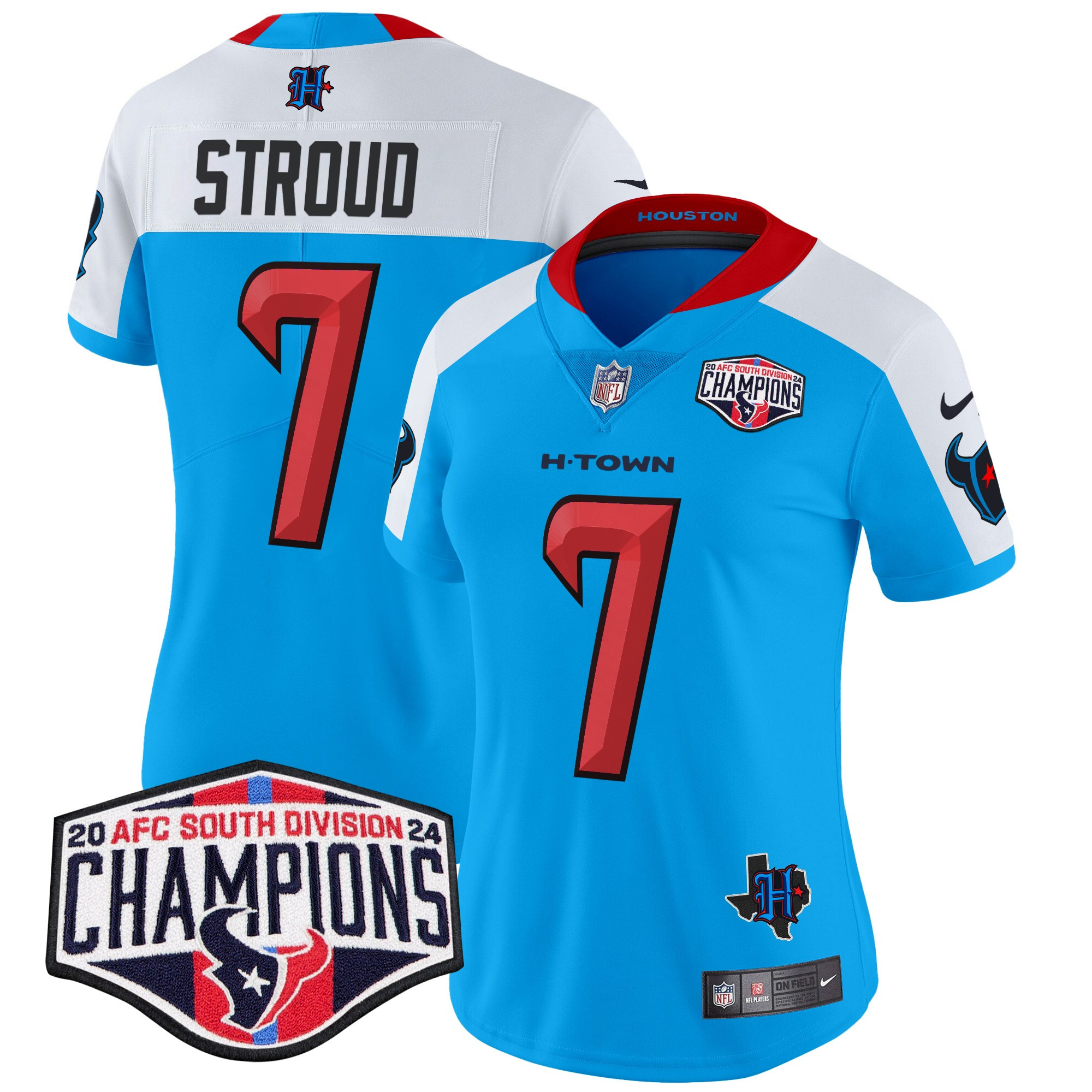 Women's C.J. Stroud Houston Texans 2024 AFC South Division Champions Patch Vapor Limited Blue Alternate Jersey - All Stitched